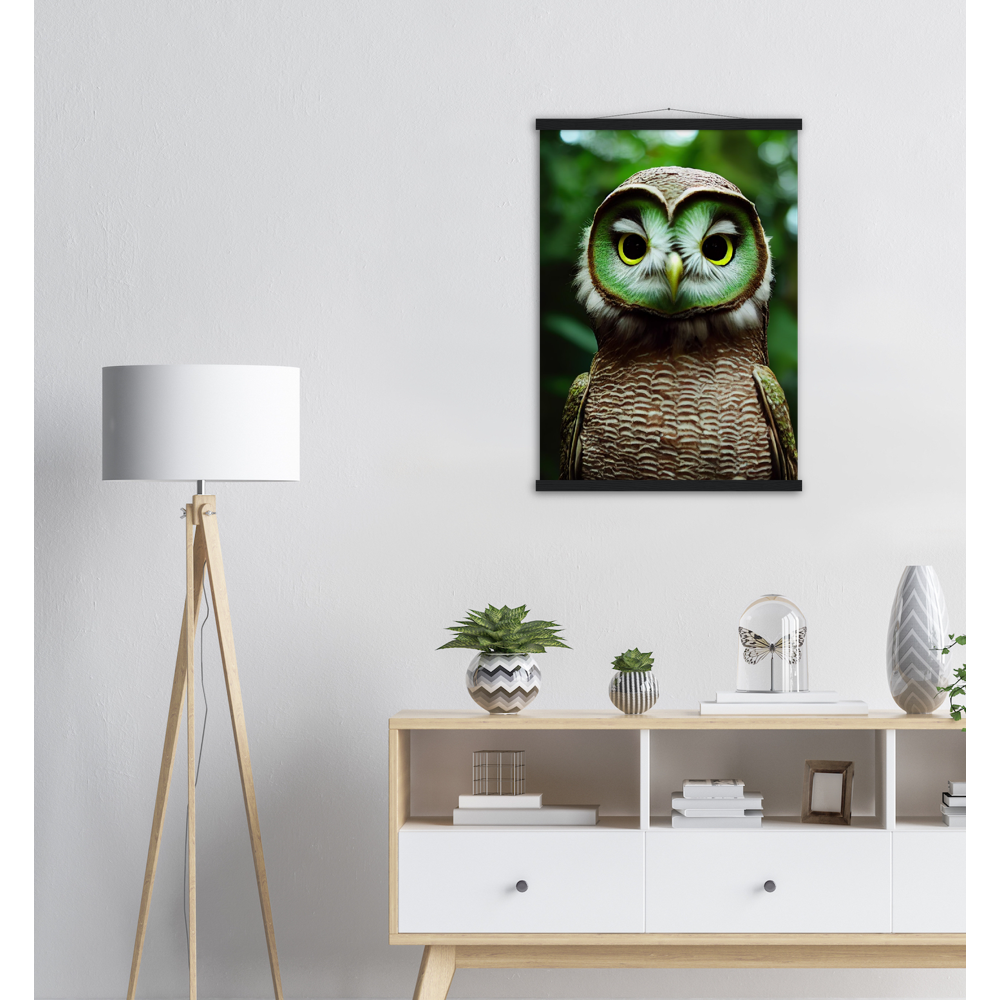 Poster mit Leisten (Holz) - Fruit Owl No. 4 - "Kiki", the Kiwi Owl - Wandkunst - Kunstdruck - (lat. tyto actinidia) - Kiwi Eule - Kiwi Owl - Fruchteulen - Vogel - Bird - Strigiformes - Noctua - Ornithologie - Kunstwerk  - Office Poster - Poster mit Rahmen - Kaffee Tasse - Poster mit Leisten - Bedruckte Tassen - Kunst Marke - Art Brand - Acryldruck - Wandbild - Kunstdrucke - Papier: 250g/qm - Künstler: John Grayst & Pixelboys - Eulen - Owl - Geschenkidee - 