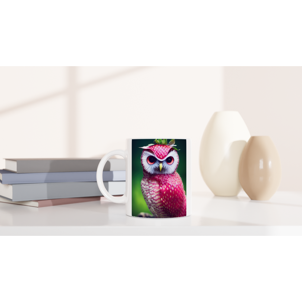 Personalisierbare Tasse- Serie Fruit Owls - Wandkunst - Kunstdruck - (fiktiv: lat.  Pulsatrix Fragaria) - Erdbeere - Schleiereulen - Fruchteulen - Vogel - Bird - Strigiformes - Noctua - Ornithologie - Kunstwerk  - Office Poster - Poster mit Rahmen - Kaffee Tasse - Poster mit Leisten - Bedruckte Tassen - Kunst Marke - Art Brand - Acrylbild - Wandbild - Kunstdrucke - Papier: 250g/qm - Künstler: John Grayst & Pixelboys - Eulen - Owl - Geschenkidee - 