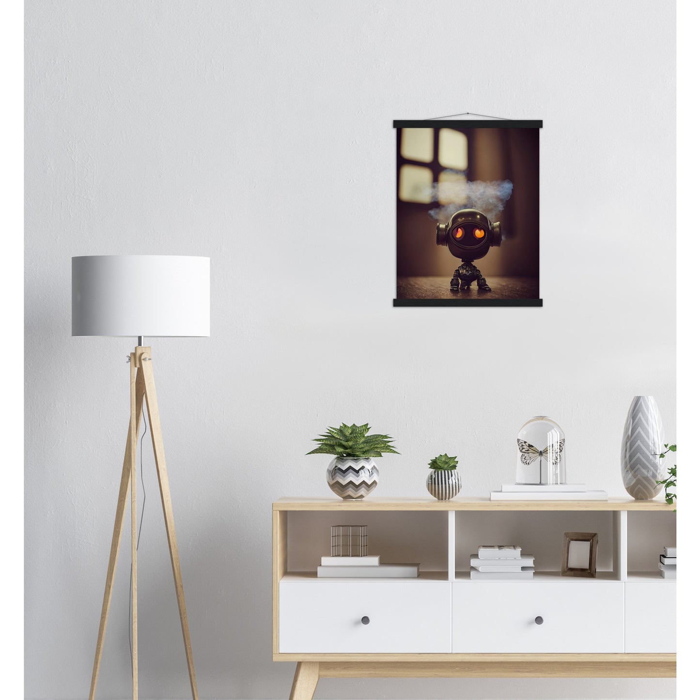 Poster mit Leisten (Holz) in Museumsqualität - Tiny robot - with smoke around his head - "Tiny Tim" - Wandbild - Customizable Coffee Cup - Personalized Gifts - Kunstdruck - Rauchender Roboter - Steampunk - Acryldruck - Smoking Robots - Personalized Gifts - Poster with frame - nr.5 lebt - zukunft - Kunstwerk - Office Poster - Poster mit Rahmen - Kaffee Tasse  - Bedruckte Tassen - Kunst Marke - Art Brand - Wandbild - Kunstdrucke - Künstler: John Grayst & Pixelboys - emotional robots - Geschenkidee -