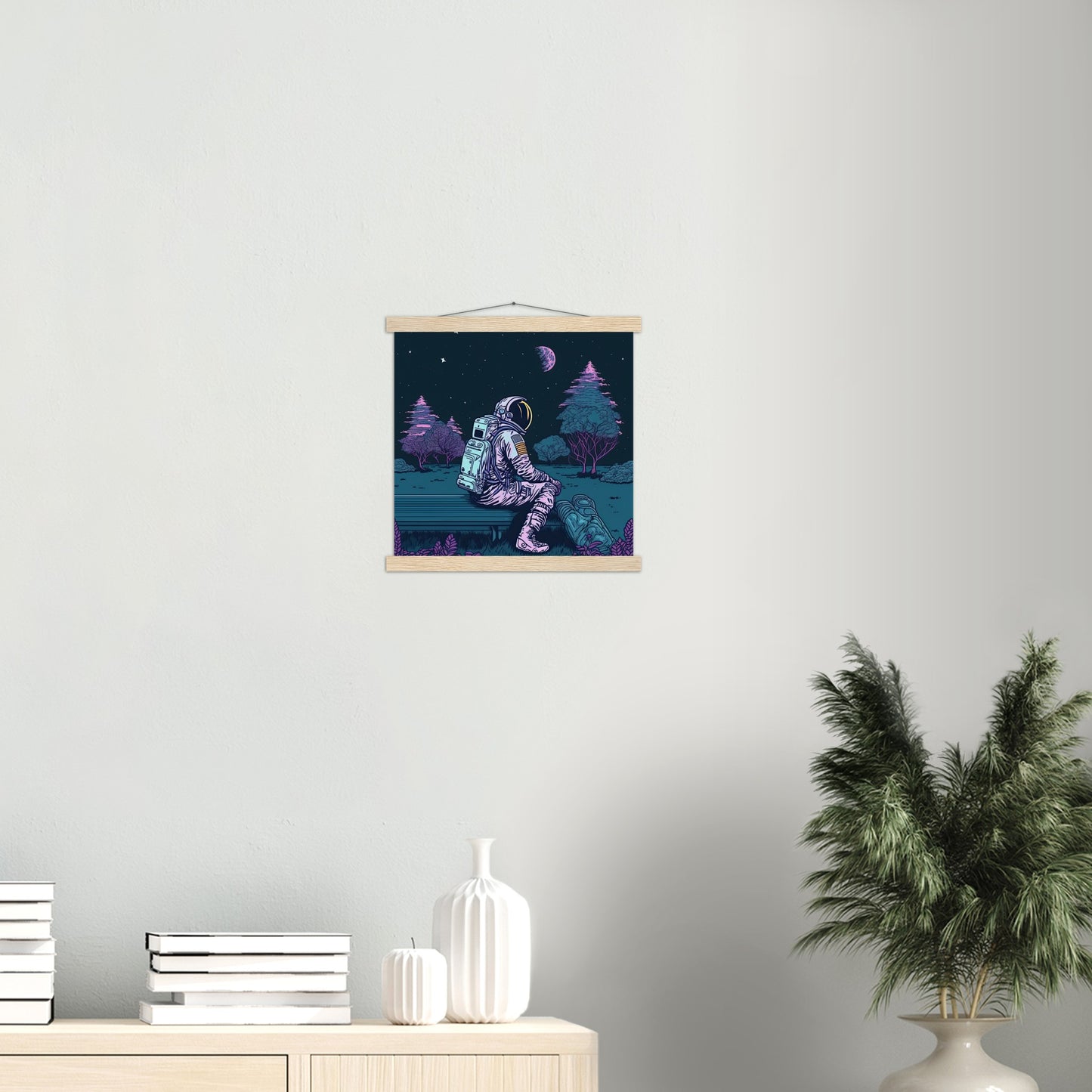 Poster mit Leisten (Holz) - in Museumsqualität - Stargazing Astronaut - John - Illustration - Astronaut - Parkbank - Rocketman - Posterleisten - USA - Fineart - Posterrahmen  - Wandkunst - Holzrahmen - Poster with frame - artwork - art brand - printed cup personalized - Holzleisten - pixelboys - Kunstdrucke - wandbilder - wall art - Kunst auf Tassen  - Office Poster - Gastrotassen - Wanddekoration - Acrylkunst - Geschenkidee - Office Poster - Acryldruck - Abstrakte Kunst -