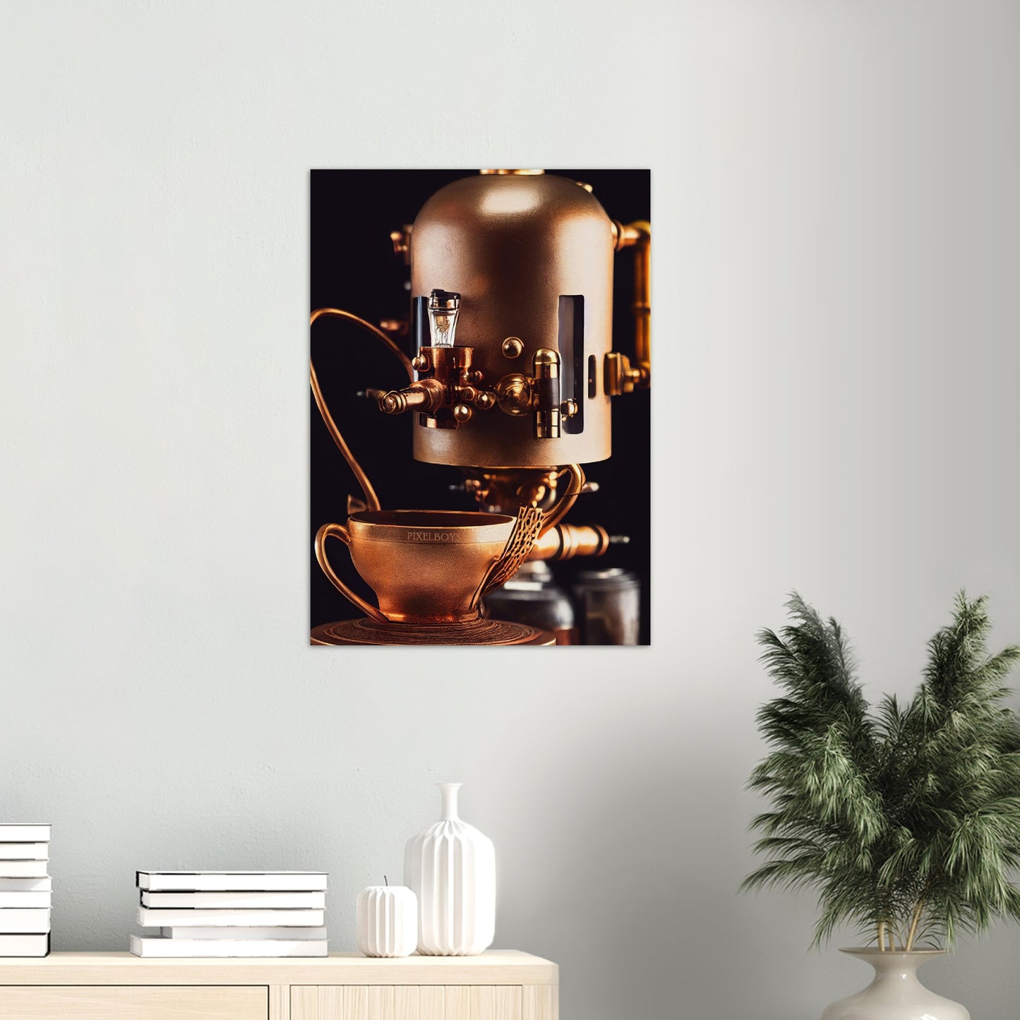 Poster in Museumsqualität - Steampunk - Coffee Maker - No.7 - Collection Cup - Pixelboys - Wandbild - Kunstwerk - Hotelkunst - Kunst auf Postern - Fine Art - Steampunk - Future - Maschine - Poster with frame - Office Poster - Art Brand - Pixelboys - Coffee House - Restaurant Poster - Wall Art - Kunstdruck - Geschenkidee - Kunst auf Acrylglas - Future Coffee Cup - Personalisierbare Tasse - Gastro Tasse - exklusiv - Acryldruck - Gastronomie Poster - Hotelposter - Teestube - Steam Punk Kitchen -   