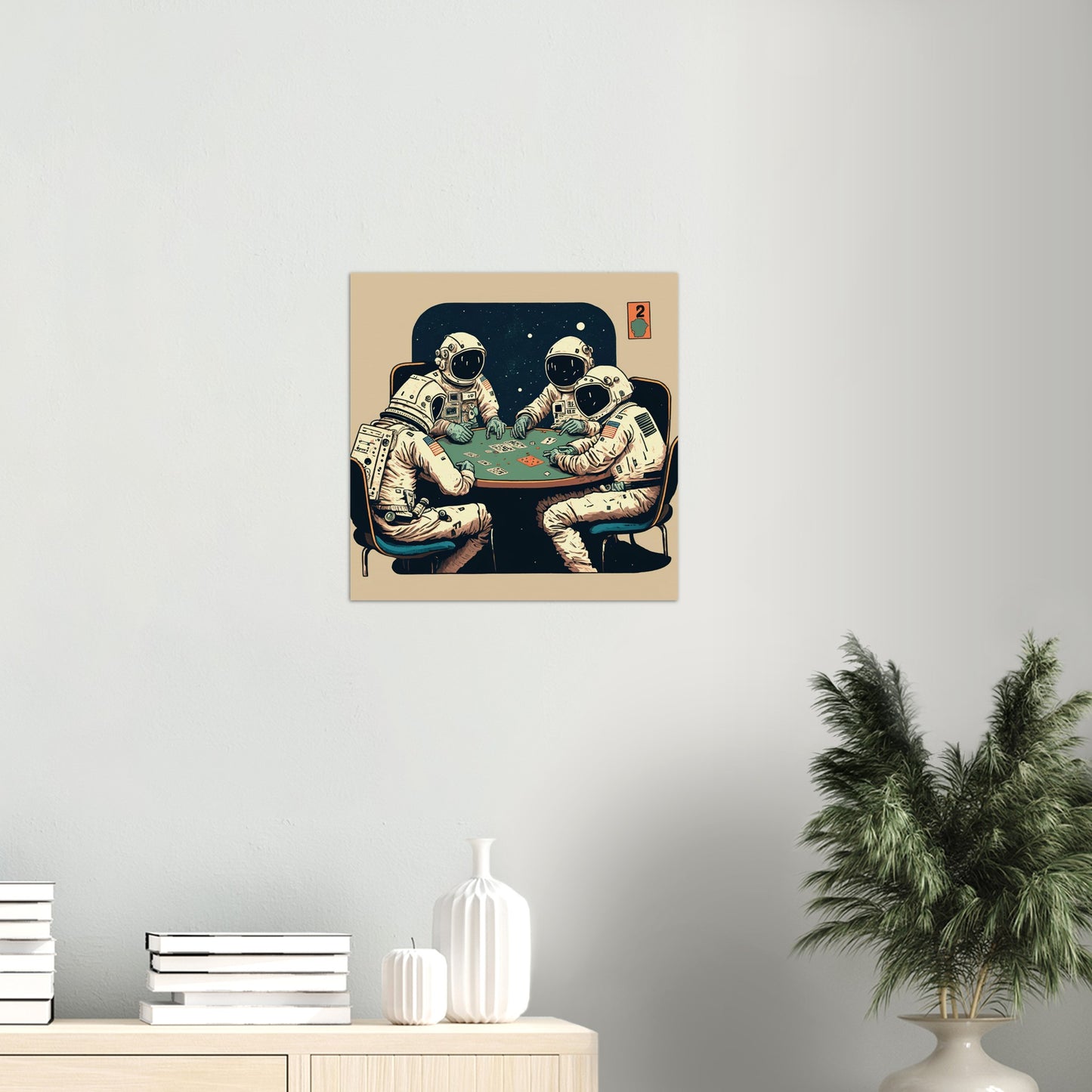 Poster in Museumsqualität - Gambling Astronauts - Illustration - Astronaut - Poker - Rocketman - Posterleisten - USA - Fineart - Posterrahmen  - Wandkunst - Holzrahmen - Poster with frame - artwork - art brand - printed cup personalized - Holzleisten - pixelboys - Kunstdrucke - wandbilder - wall art - Kunst auf Tassen  - Office Poster - Gastrotassen - Wanddekoration - Acrylkunst - Geschenkidee - Office Poster - Acryldruck - Abstrakte Kunst -