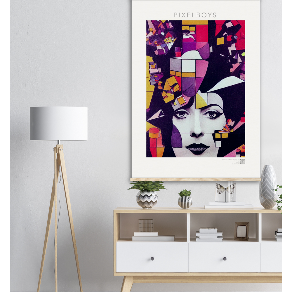 Poster mit Leisten (Holz) - The Queen No.1 - HRH in cubes - Kunstdruck - Queen Elisabeth II - Monarch - HRH - His/Her Royal Highness - Groß Britannien - Commonwealth - The Royal Family - Wandbild - Kubismus - synthetischen Kubismus - Georges Braque - Künstler: "John Grayst" - Atelier - UK - GB - London - 