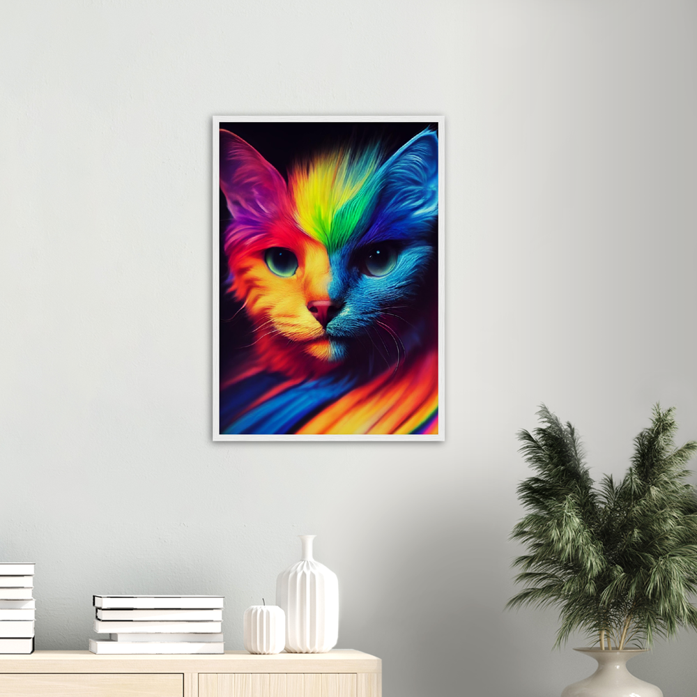 Poster mit Rahmen - Farbenfrohe Regenbogen Katze "Kitty" Poster Set mit Holzrahmen - In vielen verschiedenen Größen - auch in XXL verfügbar!