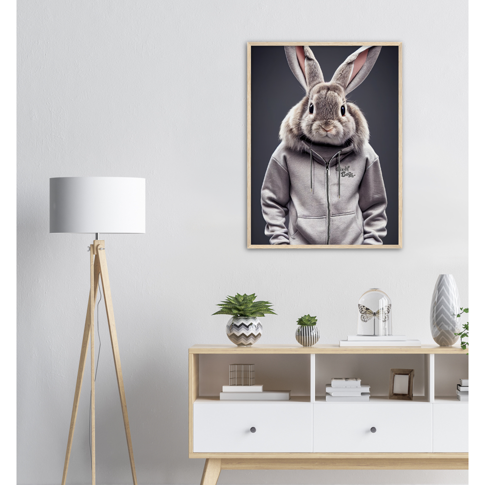 Poster mit Rahmen (Holz) - Bunny in grey Tracksuit - "Titus" - Fashion Gang - Wandbild - Ostern - Geschenkidee - Osterhase - Bunny Crew: "Titus" - "Caesar" - "Constantin" - "Cleo" - Weisser Hase - Easter Bunny - Cute - grey tracksuit - sweats - Alice's Adventures in Wonderland - Modemarke - Pixelboys Brand - Titus der Hase - Hase - Kaninchen  - Künstler: "Pixelboys" - Atelier - Germany - Berlin - Hamburg - Colgne - France - Paris - Italy - Rom - USA - America - New York City - Los Angeles - Chicago - 