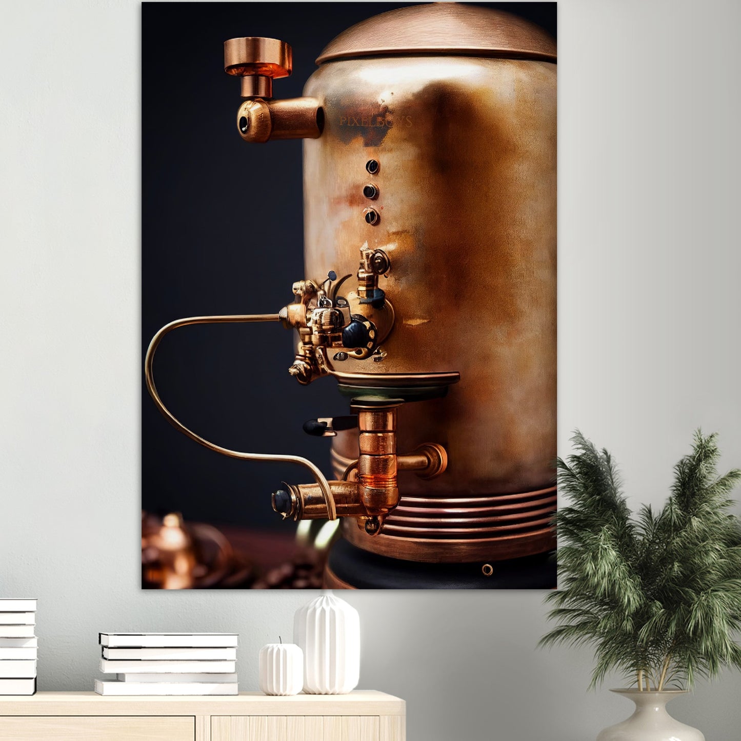 Poster in Museumsqualität - Steampunk - Coffee Maker - No.5 - Collection Cup - Pixelboys - Wandbild - Kunstwerk - Hotelkunst - Kunst auf Postern - Fine Art - Steampunk - Future - Maschine - Poster with frame - Office Poster - Art Brand - Pixelboys - Coffee House - Restaurant Poster - Wall Art - Kunstdruck - Geschenkidee - Kunst auf Acrylglas - Future Coffee Cup - Personalisierbare Tasse - Gastro Tasse - exklusiv - Acryldruck - Gastronomie Poster - Hotelposter - Steam Punk Kitchen -   