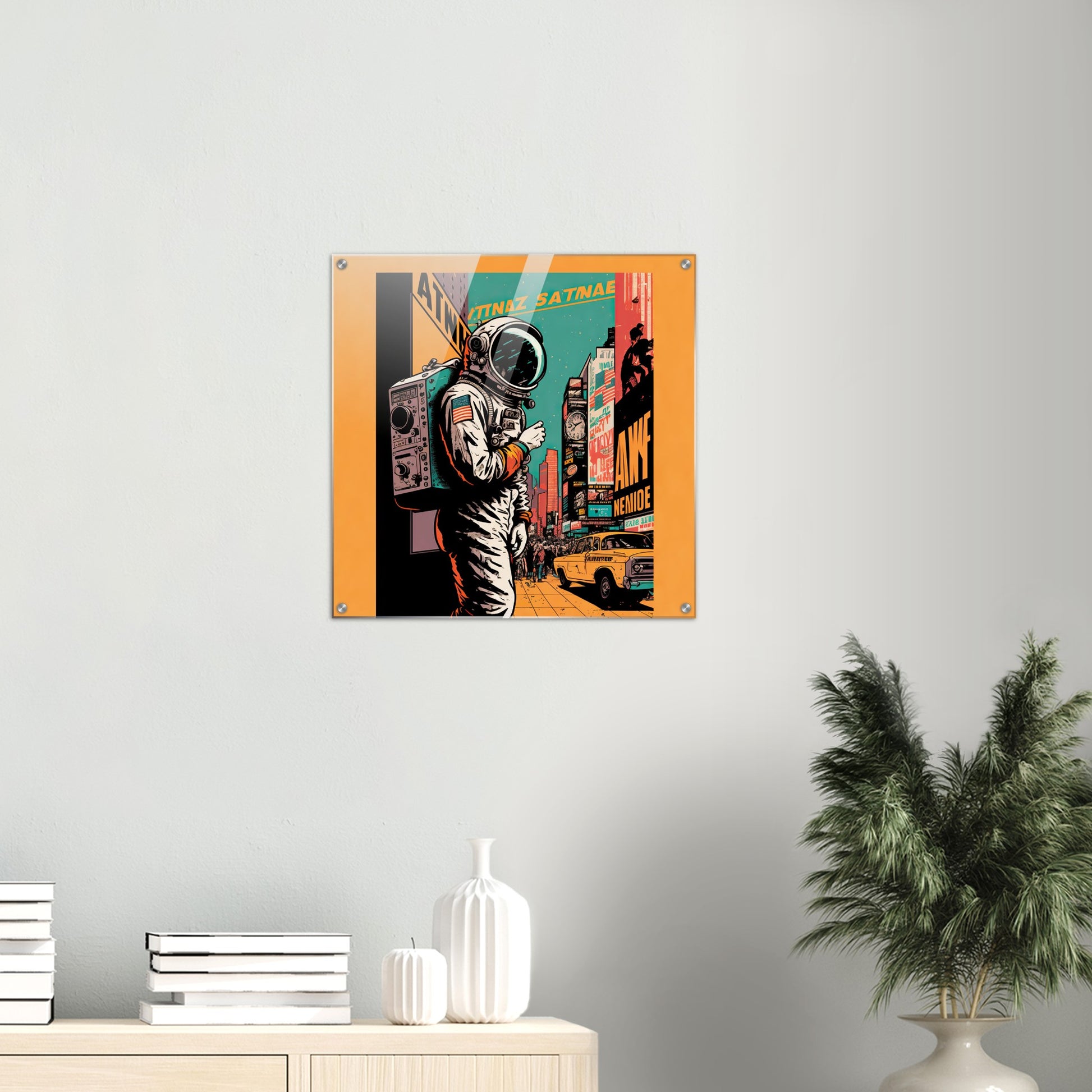 Acrylbild auf Glas in Museumsqualität - Astronaut at the NY Time Square - Illustration - Astronaut - New York - Rocketman - Posterleisten - USA - Fineart - Posterrahmen  - Wandkunst - Holzrahmen - Poster with frame - artwork - art brand - printed cup personalized - Holzleisten - pixelboys - Kunstdrucke - wandbilder - wall art - Kunst auf Tassen  - Office Poster - Gastrotassen - Wanddekoration - Acrylkunst - Geschenkidee - Office Poster - Acryldruck - Abstrakte Kunst -