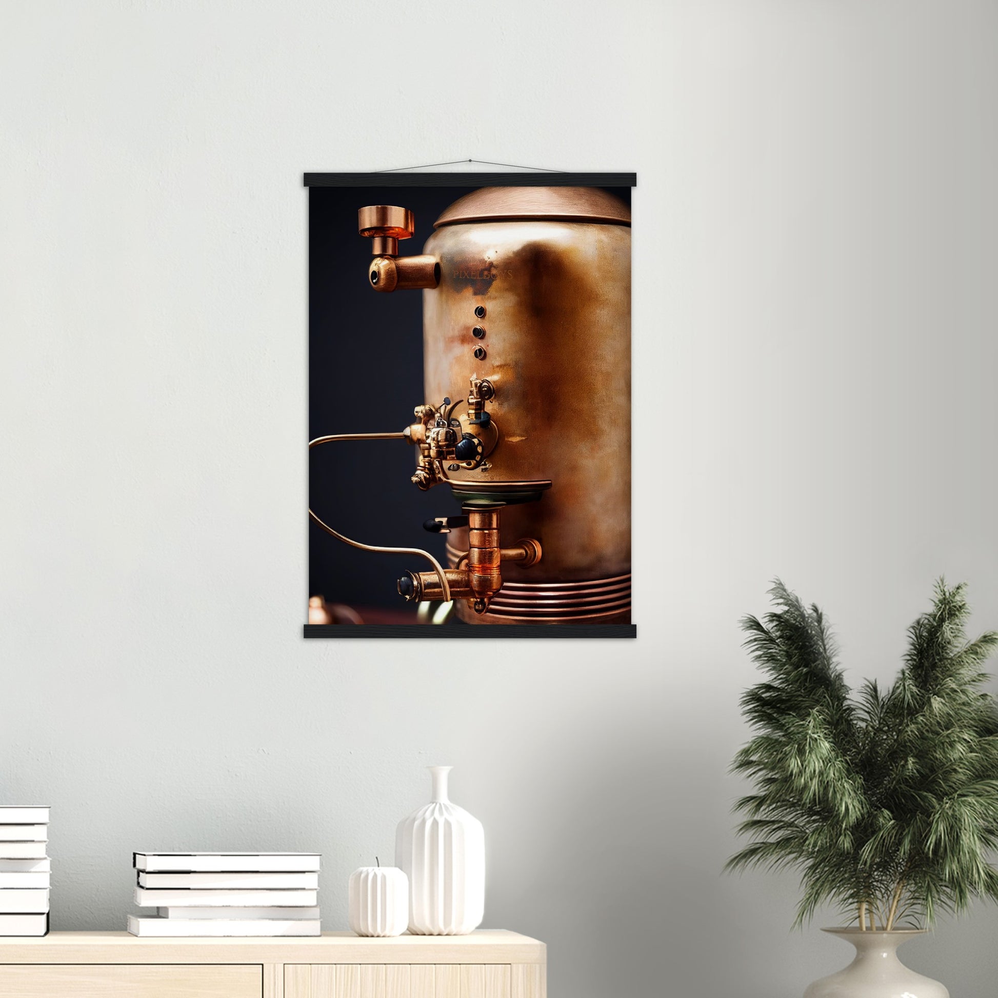 Poster mit Leisten (Holz) - Steampunk - Coffee Maker - No.5 - Collection Cup - Pixelboys - Wandbild - Kunstwerk - Hotelkunst - Kunst auf Postern - Fine Art - Steampunk - Future - Maschine - Poster with frame - Office Poster - Art Brand - Pixelboys - Coffee House - Restaurant Poster - Wall Art - Kunstdruck - Geschenkidee - Kunst auf Acrylglas - Future Coffee Cup - Personalisierbare Tasse - Gastro Tasse - exklusiv - Acryldruck - Gastronomie Poster - Hotelposter - Steam Punk Kitchen -   