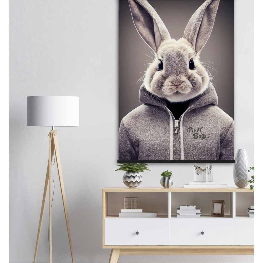 Poster mit Leisten (Holz) - Bunny in grey Hoodie - "Constantin" - Fashion Gang - Wandbild - Ostern - Geschenkidee - Osterhase - Bunny Crew: "Constantin" - "Caesar" - "Titus" - "Cleo" - Weisser Hase - Easter Bunny - Cute - grey Hoodie - sweats - Alice's Adventures in Wonderland - Modemarke - Pixelboys Brand - Constantin der Hase - Hase - Kaninchen  - Künstler: "Pixelboys" - Atelier - Germany - Berlin - Hamburg - Colgne - France - Paris - Italy - Rom - USA - America - New York City - Los Angeles - Chicago - 