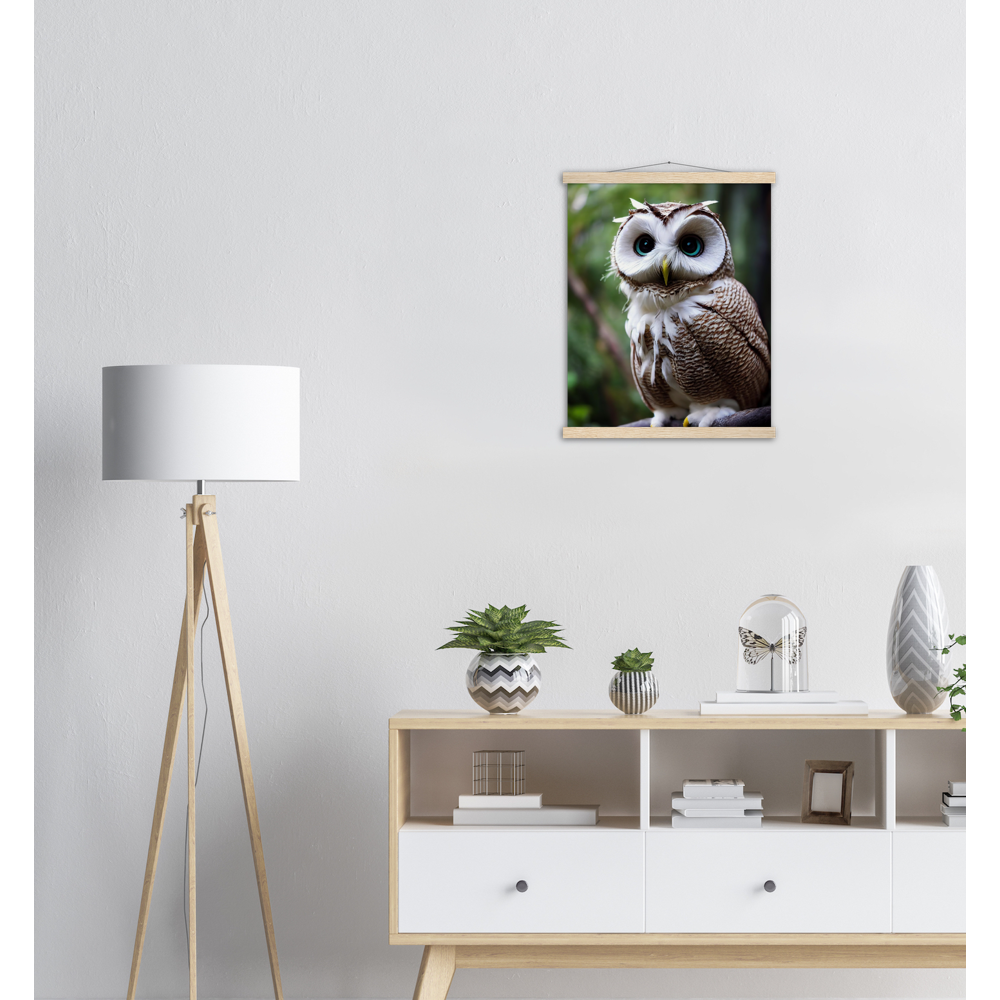 Poster mit Leisten (Holz) - Fruit Owl No.6 - "Cornelius", the coconut owl - Wandkunst - Museumsqualität - Kunstdruck - Kokusnuseule - Kokosnuss-Uhu (lat. bubo vaccinium)  - Acryldruck - Fruchteulen - coconut owl - Vogel - Uhu - Bird - Strigiformes - Noctua - Ornithologie - Kunstwerk  - Office Poster - Poster mit Rahmen - Kaffee Tasse - Poster mit Leisten - Bedruckte Tassen - Kunst Marke - Art Brand - Wandbild - Kunstdrucke - Papier: 250g/qm - Künstler: John Grayst & Pixelboys - Eulen - Owl - Geschenkidee - 