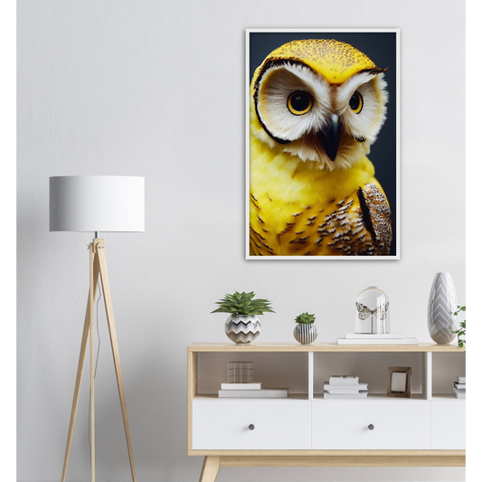 Poster mit Rahmen (Holz) - Fruit Owl No. 3 - "Benny", the Banana Owl - Wandkunst - Kunstdruck - (lat. tyto musa) - Bananeneule - Schleiereulen - Fruchteulen - Vogel - Bird - Strigiformes - Noctua - Ornithologie - Kunstwerk  - Office Poster - Poster mit Rahmen - Kaffee Tasse - Poster mit Leisten - Bedruckte Tassen - Kunst Marke - Art Brand - Acrylbild - Wandbild - Kunstdrucke - Papier: 250g/qm - Künstler: John Grayst & Pixelboys - Eulen - Owl - Geschenkidee - 