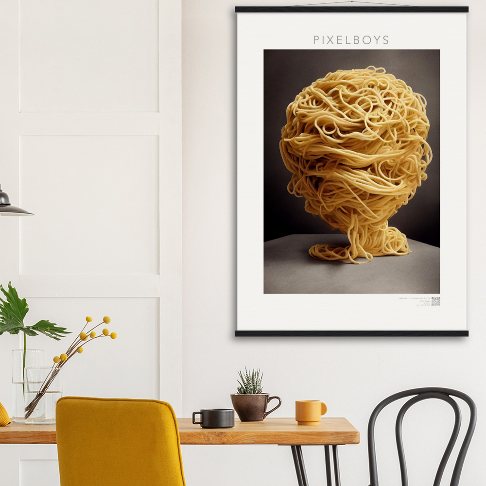 Poster mit Leisten (Holz) - Pastarized "The Beginning" - No.1 - Kunst Marke - Pixelboys - Kunstdruck - Papier: 250g/qm - Künstler: John Grayst & Pixelboys -  Pasta Liebe - Nudeln - Face - Atelier - Italien - Mailand - Neapel - Rom - Turin