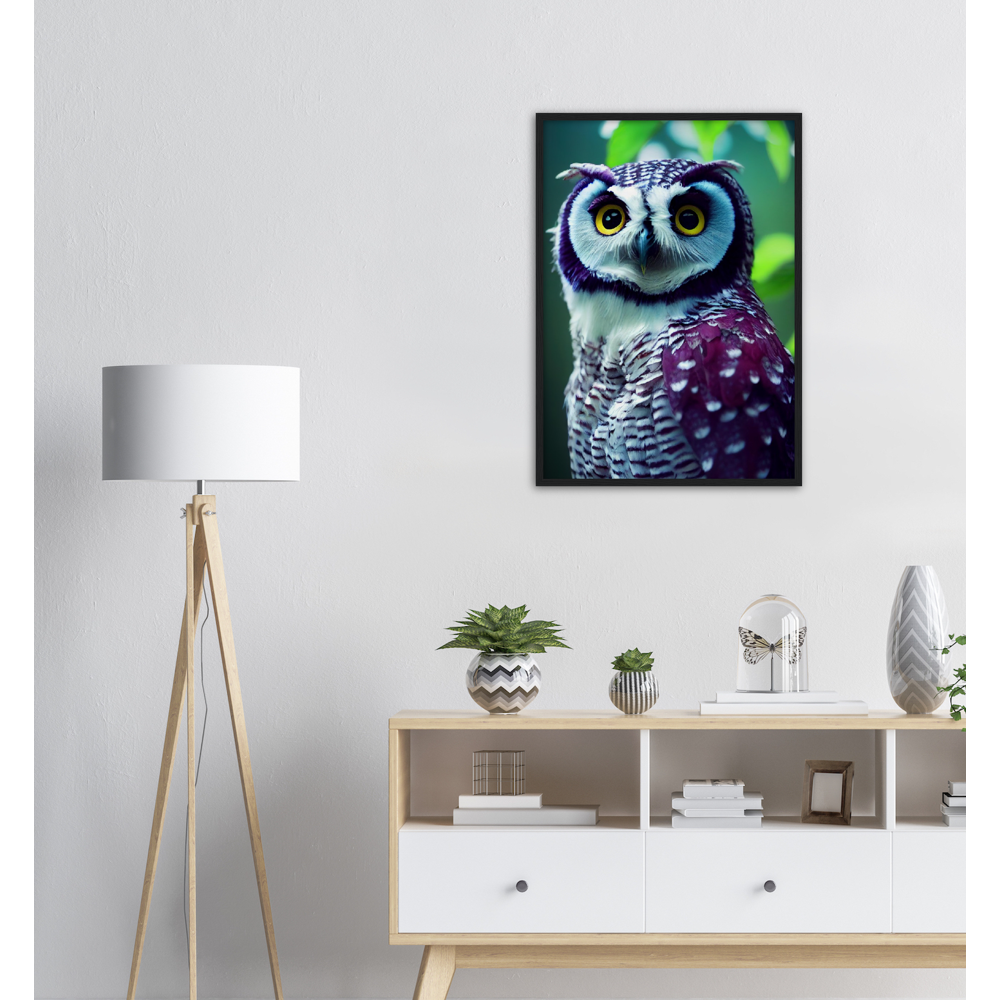 Poster mit Rahmen (Holz) - Fruit Owl No.5 - "Sini", the bluberry owl - Wandkunst - Kunstdruck - Heidelbeereule - (lat. bubo vaccinium) - Teebecher - Heidelbeere Eule - Fruchteulen - blueberry owl- Vogel - Uhu - Bird - Strigiformes - Noctua - Ornithologie - Kunstwerk  - Office Poster - Poster mit Rahmen - Kaffee Tasse - Poster mit Leisten - Bedruckte Tassen - Kunst Marke - Art Brand - Acryldruck - Wandbild - Kunstdrucke - Papier: 250g/qm - Künstler: John Grayst & Pixelboys - Eulen - Owl - Geschenkidee - 