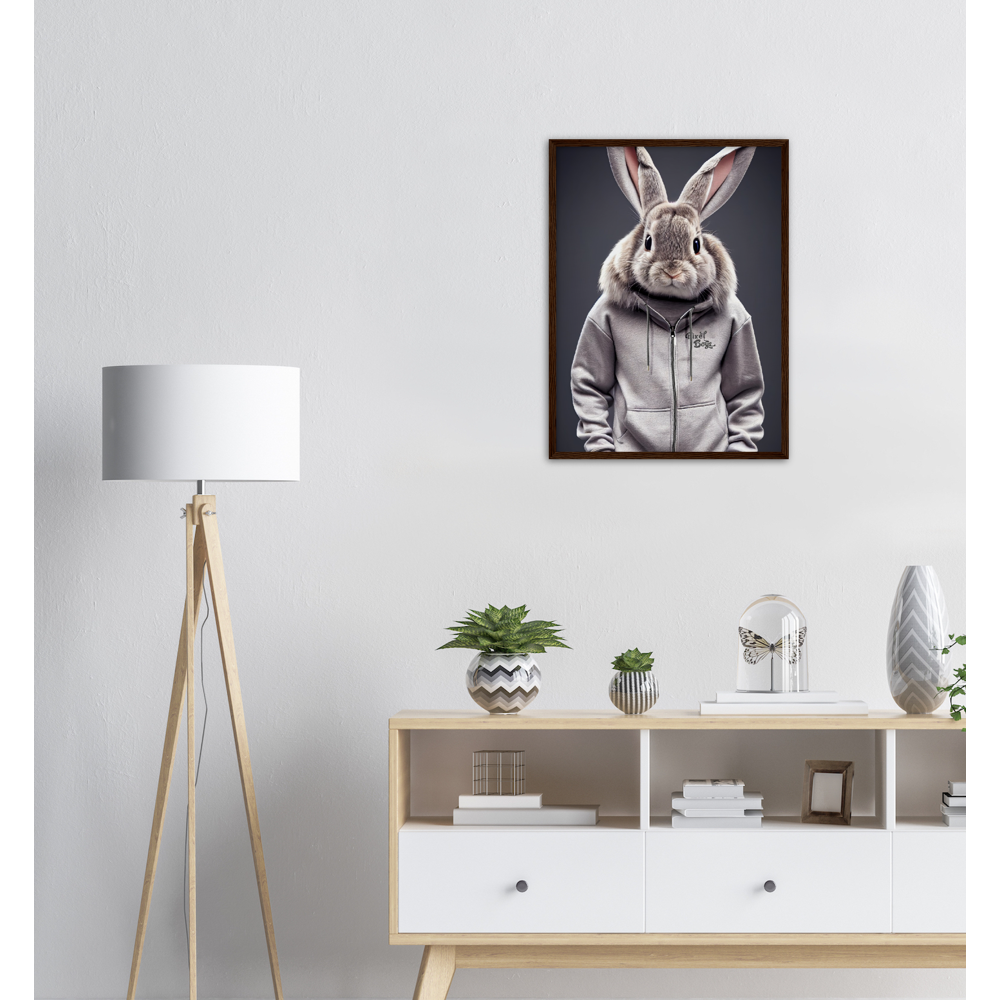 Poster mit Rahmen (Holz) - Bunny in grey Tracksuit - "Titus" - Fashion Gang - Wandbild - Ostern - Geschenkidee - Osterhase - Bunny Crew: "Titus" - "Caesar" - "Constantin" - "Cleo" - Weisser Hase - Easter Bunny - Cute - grey tracksuit - sweats - Alice's Adventures in Wonderland - Modemarke - Pixelboys Brand - Titus der Hase - Hase - Kaninchen  - Künstler: "Pixelboys" - Atelier - Germany - Berlin - Hamburg - Colgne - France - Paris - Italy - Rom - USA - America - New York City - Los Angeles - Chicago - 