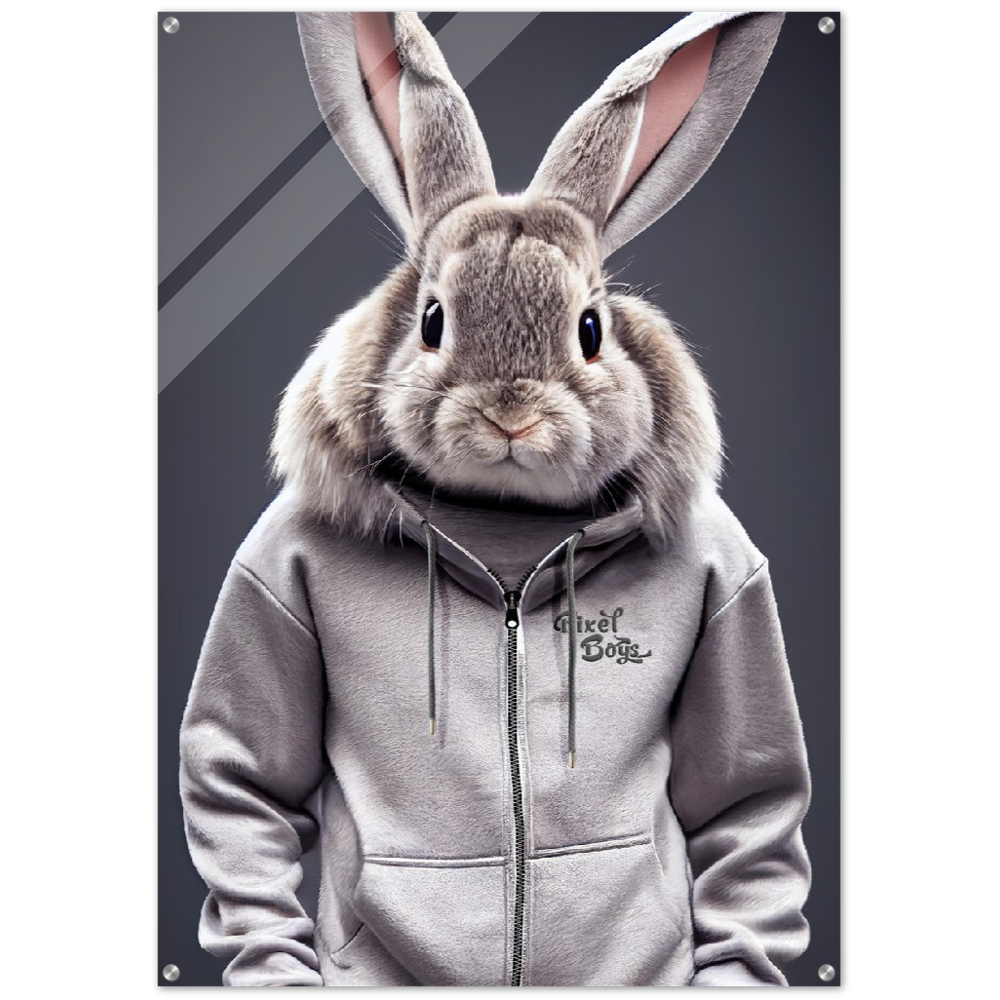 Acrylbild - Bunny in grey Tracksuit - "Titus" - Fashion Gang - Acryldruck - Ostern - Geschenkidee - Osterhase - Bunny Crew: "Titus" - "Caesar" - "Constantin" - "Cleo" - Weisser Hase - Easter Bunny - Cute - grey tracksuit - sweats - Alice's Adventures in Wonderland - Modemarke - Pixelboys Brand - Constantin der Hase - Hase - Kaninchen  - Künstler: "Pixelboys" - Atelier - Germany - Berlin - Hamburg - Colgne - France - Paris - Italy - Rom - USA - America - New York City - Los Angeles - Chicago - 