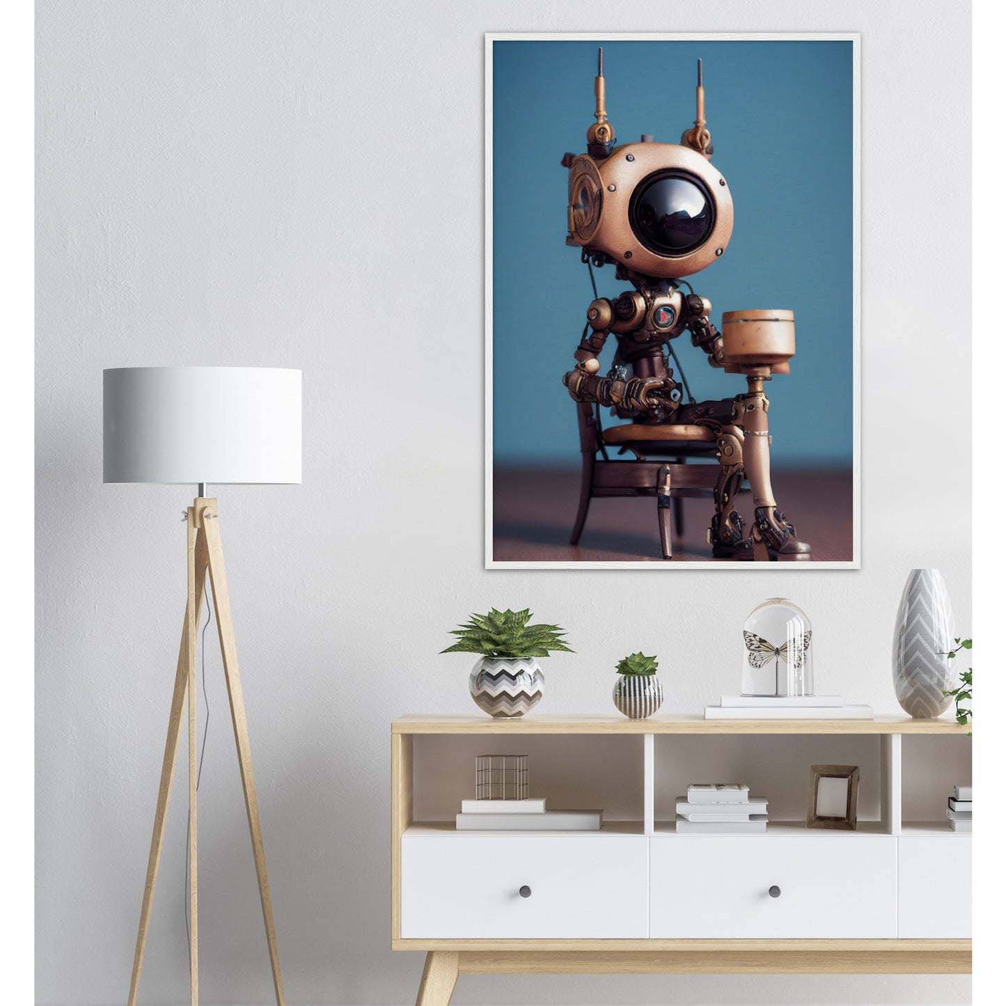 Poster mit Rahmen (Holz) in Museumsqualität - Tiny robot with a present - "Tiny Sam" - Wandbild - Customizable Coffee Cup - Personalized Gifts - Kunstdruck - Roboter mit Geschenk - Steampunk - Acryldruck - Present Robots - Personalized Gifts - Poster with frame - nr.5 lebt - zukunft - Kunstwerk - Office Poster - Poster mit Rahmen - Kaffee Tasse  - Bedruckte Tassen - Kunst Marke - Art Brand - Wandbild - Kunstdrucke - Künstler: John Grayst & Pixelboys - emotional robots - Geschenkidee - Wall Art -