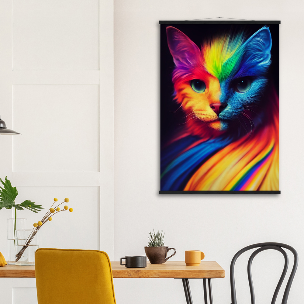 Poster mit Leisten - Farbenfrohe Regenbogen Katze "Kitty" - Pride Bewegung Maskottchen - Viele Größen - auch im XXL Format -