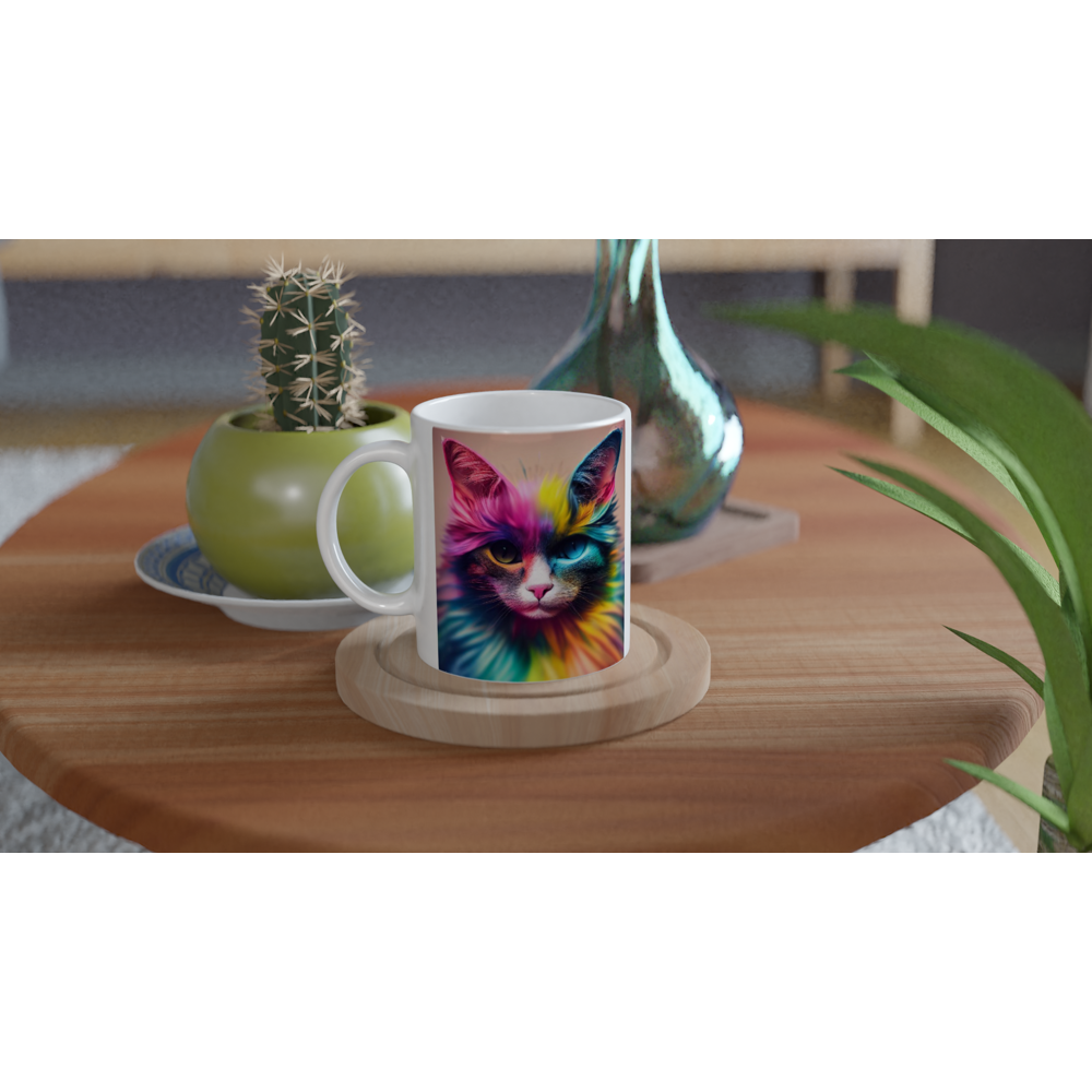 personalisierbare Tasse mit einzigartiger, farbenfroher Regenbogenkatze