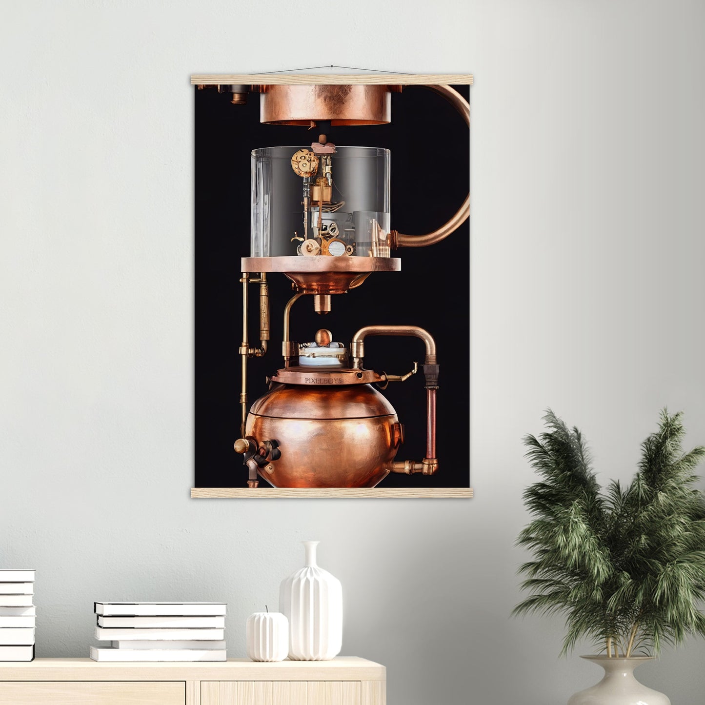 Poster mit Leisten (Holz) - Steampunk - Coffee Maker - No.6 - Collection Cup - Pixelboys - Wandbild - Kunstwerk - Hotelkunst - Kunst auf Postern - Fine Art - Steampunk - Future - Maschine - Poster with frame - Office Poster - Art Brand - Pixelboys - Coffee House - Restaurant Poster - Wall Art - Kunstdruck - Geschenkidee - Kunst auf Acrylglas - Future Coffee Cup - Personalisierbare Tasse - Gastro Tasse - exklusiv - Acryldruck - Gastronomie Poster - Hotelposter - Teestube - Steam Punk Kitchen -   