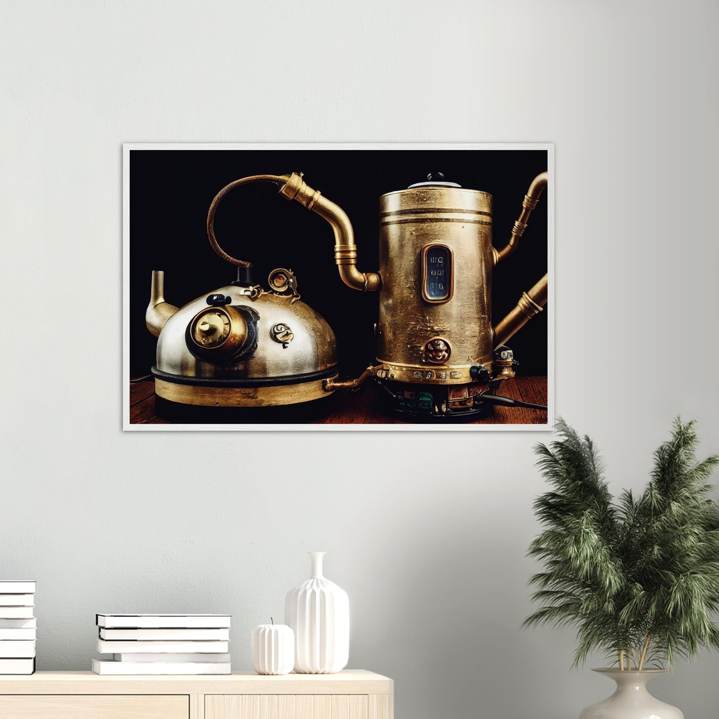 Poster mit Rahmen (Holz) in Museumsqualität - Steampunk - Coffee Maker - No.3 - Collection Cup - Pixelboys - Wandbild - Kunstwerk - Hotelkunst - Kunst auf Postern - Fine Art - Steampunk - Future - Maschine - Poster with frame - Office Poster - Art Brand - Pixelboys - Coffee House - Restaurant Poster - Wall Art - Kunstdruck - Geschenkidee - Kunst auf Acrylglas - Future Coffee Cup - Personalisierbare Tasse - Gastro Tasse - exklusiv - Gastronomie Poster - Hotelposter - Steam Punk Kitchen - 