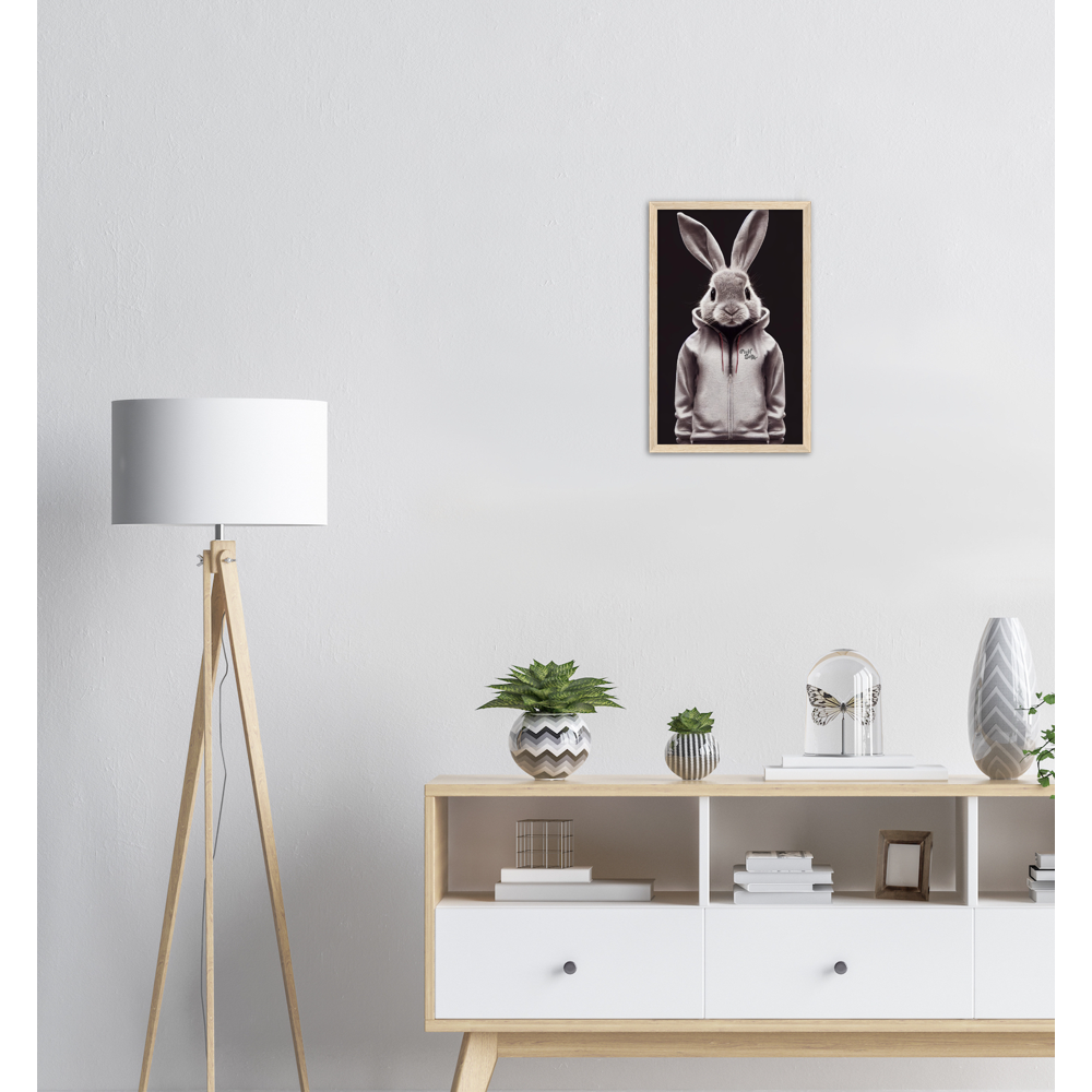 Poster mit Rahmen (Holz) - Bunny in grey tracksuit - Fashion Gang - Wandbild - Ostern - Geschenkidee - Osterhase - Bunny Crew: "Valerian" - "Caesar" - "Constantin" - "Cleo"-Titus - Weisser Hase - Easter Bunny - Cute - grey tracksuit - sweats - Alice's Adventures in Wonderland - Modemarke - Pixelboys Brand - Valerian der Hase - Kaninchen  - Künstler: "Pixelboys" - Atelier - Germany - Berlin - Hamburg - Colgne - France - Paris - Italy - Rom - USA - America - New York City - Los Angeles - Chicago - 