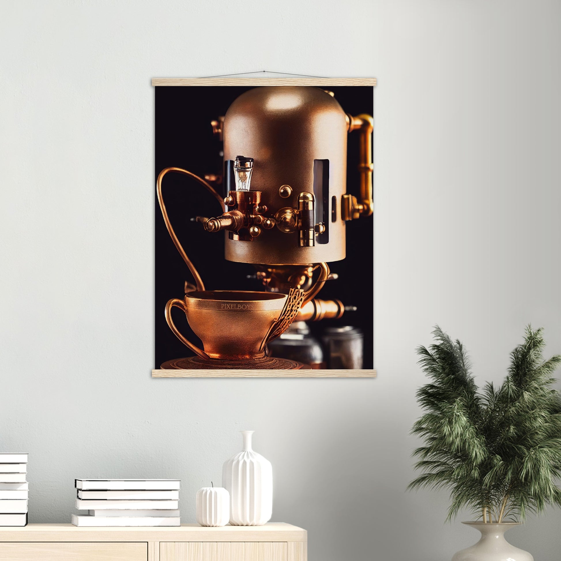 Poster mit Leisten (Holz) - Steampunk - Coffee Maker - No.7 - Collection Cup - Pixelboys - Wandbild - Kunstwerk - Hotelkunst - Kunst auf Postern - Fine Art - Steampunk - Future - Maschine - Poster with frame - Office Poster - Art Brand - Pixelboys - Coffee House - Restaurant Poster - Wall Art - Kunstdruck - Geschenkidee - Kunst auf Acrylglas - Future Coffee Cup - Personalisierbare Tasse - Gastro Tasse - exklusiv - Acryldruck - Gastronomie Poster - Hotelposter - Teestube - Steam Punk Kitchen -   