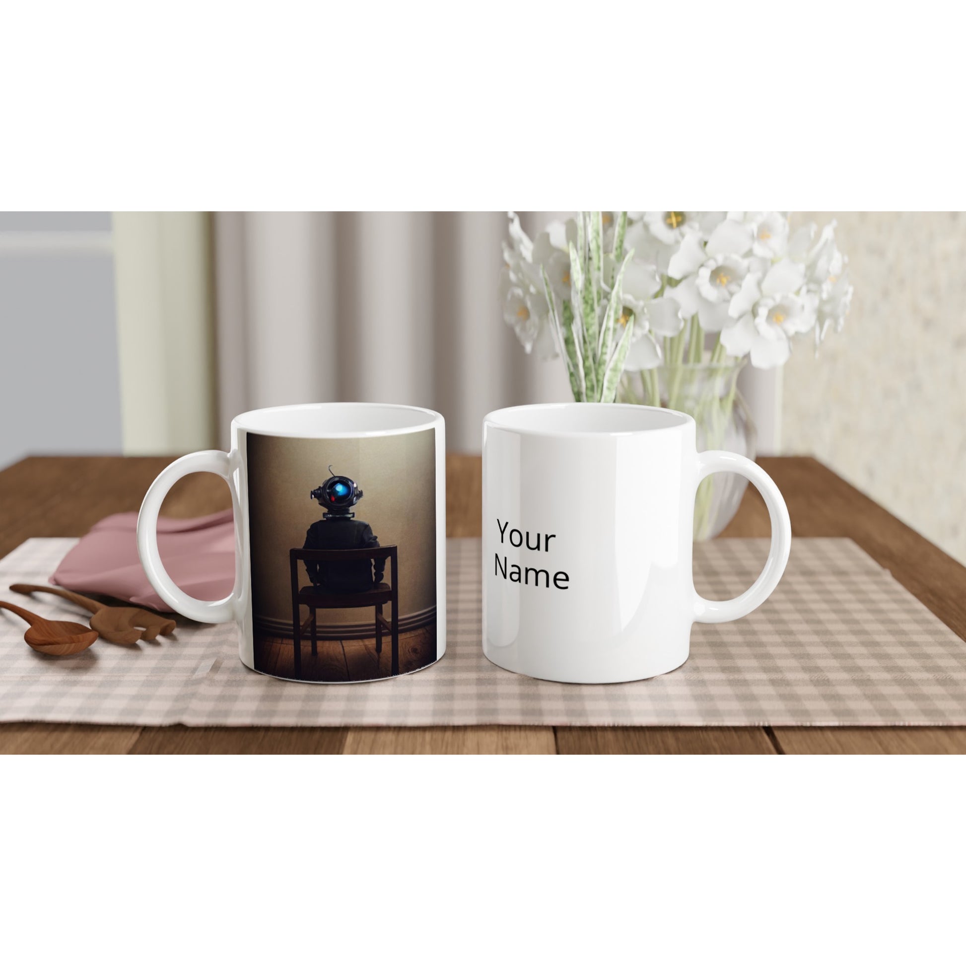 Personalisierbare Tasse - Sad Robots - 2022 - "Lonely"- No.2 - Wandkunst - Customizable Coffee Cup - Museumsqualität - Kunstdruck - Traurige Roboter - Steampunk - Acryldruck - Sad Robots - Maschine - Personalized Gifts - Terminator - blech - traurig - sad - nr.5 lebt - zukunft - Kunstwerk - Office Poster - Poster mit Rahmen - Kaffee Tasse - Poster mit Leisten - Bedruckte Tassen - Kunst Marke - Art Brand - Wandbild - Kunstdrucke - Künstler: John Grayst & Pixelboys - emotional robots - Geschenkidee -