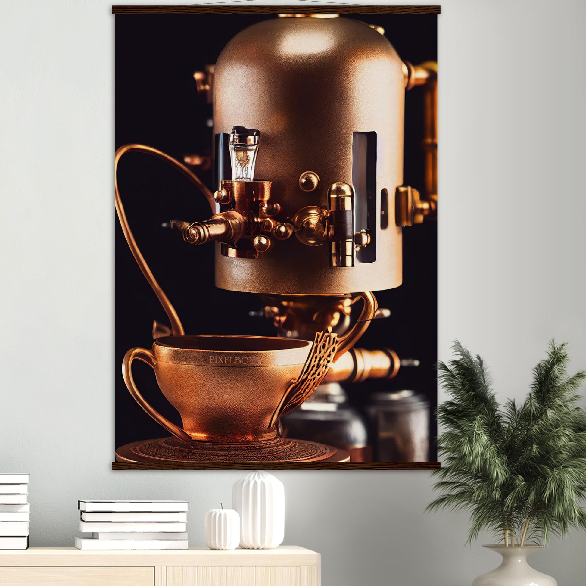 Poster mit Leisten (Holz) - Steampunk - Coffee Maker - No.7 - Collection Cup - Pixelboys - Wandbild - Kunstwerk - Hotelkunst - Kunst auf Postern - Fine Art - Steampunk - Future - Maschine - Poster with frame - Office Poster - Art Brand - Pixelboys - Coffee House - Restaurant Poster - Wall Art - Kunstdruck - Geschenkidee - Kunst auf Acrylglas - Future Coffee Cup - Personalisierbare Tasse - Gastro Tasse - exklusiv - Acryldruck - Gastronomie Poster - Hotelposter - Teestube - Steam Punk Kitchen -   