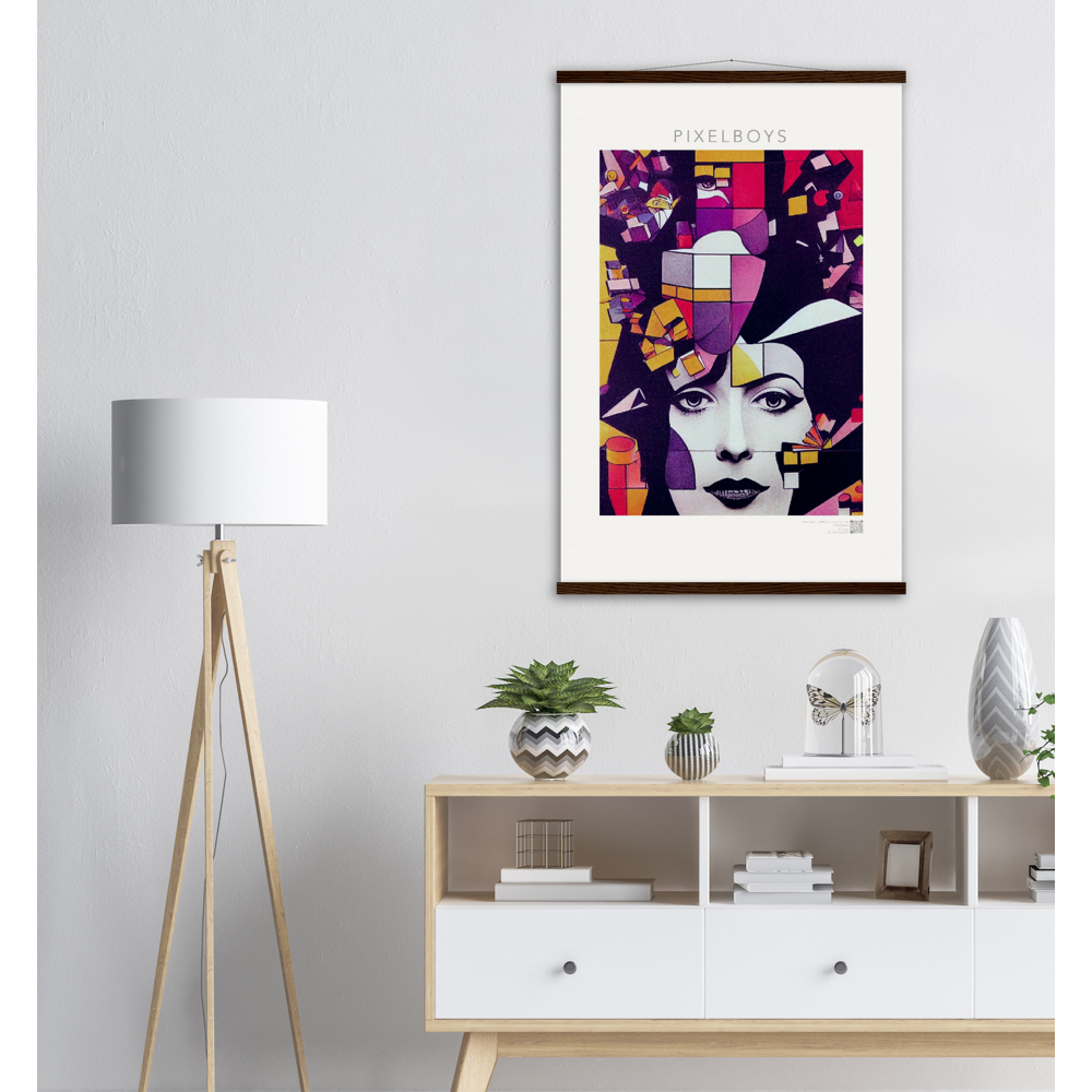 Poster mit Leisten (Holz) - The Queen No.1 - HRH in cubes - Kunstdruck - Queen Elisabeth II - Monarch - HRH - His/Her Royal Highness - Groß Britannien - Commonwealth - The Royal Family - Wandbild - Kubismus - synthetischen Kubismus - Georges Braque - Künstler: "John Grayst" - Atelier - UK - GB - London - 