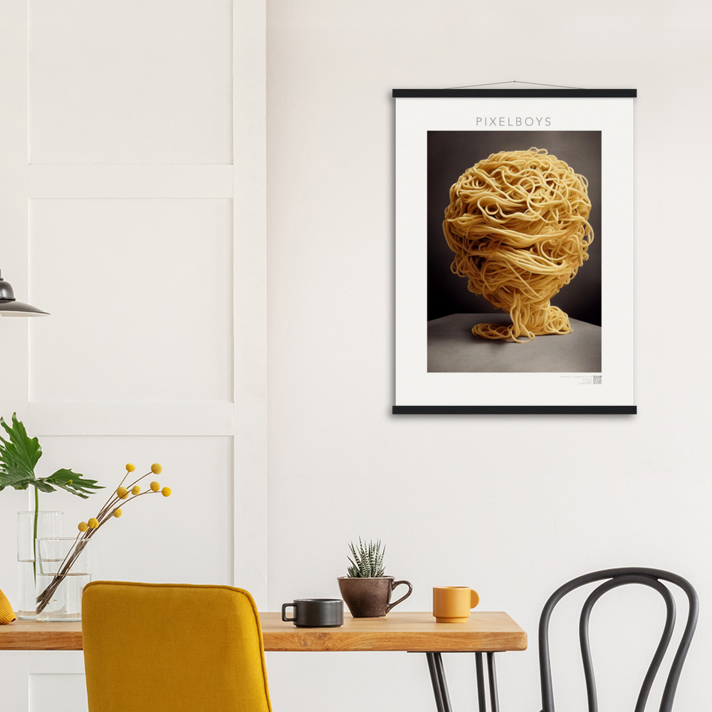 Poster mit Leisten (Holz) - Pastarized "The Beginning" - No.1 - Kunst Marke - Pixelboys - Kunstdruck - Papier: 250g/qm - Künstler: John Grayst & Pixelboys -  Pasta Liebe - Nudeln - Face - Atelier - Italien - Mailand - Neapel - Rom - Turin