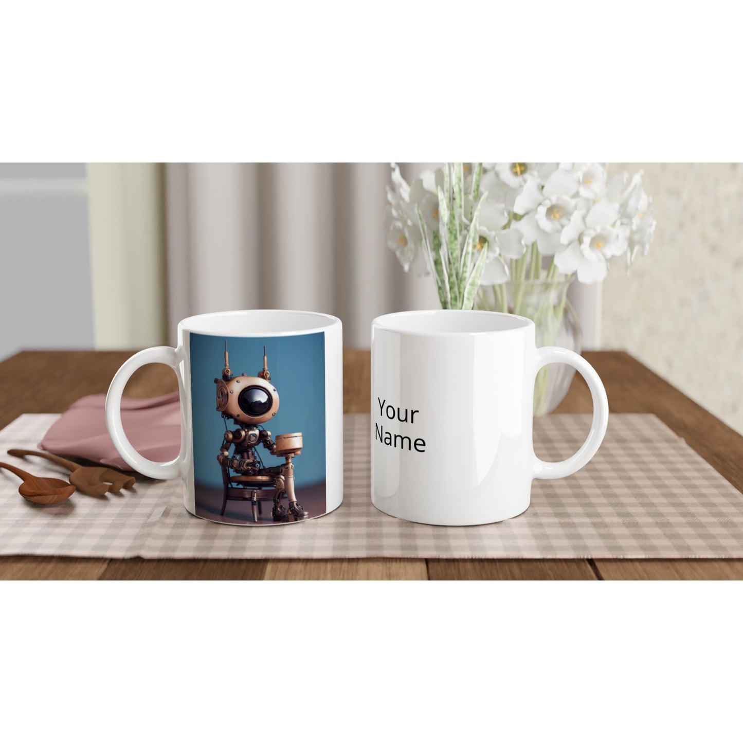 Personalsierbare bedruckte Tasse - Tiny robot with a present - "Tiny Sam" - Wandbild - Customizable Coffee Cup - Personalized Gifts - Kunstdruck - Roboter mit Geschenk - Steampunk - Acryldruck - Present Robots - Personalized Gifts - Poster with frame - nr.5 lebt - zukunft - Kunstwerk - Office Poster - Poster mit Rahmen - Kaffee Tasse  - Bedruckte Tassen - Kunst Marke - Art Brand - Wandbild - Kunstdrucke - Künstler: John Grayst & Pixelboys - emotional robots - Geschenkidee - Wall Art -