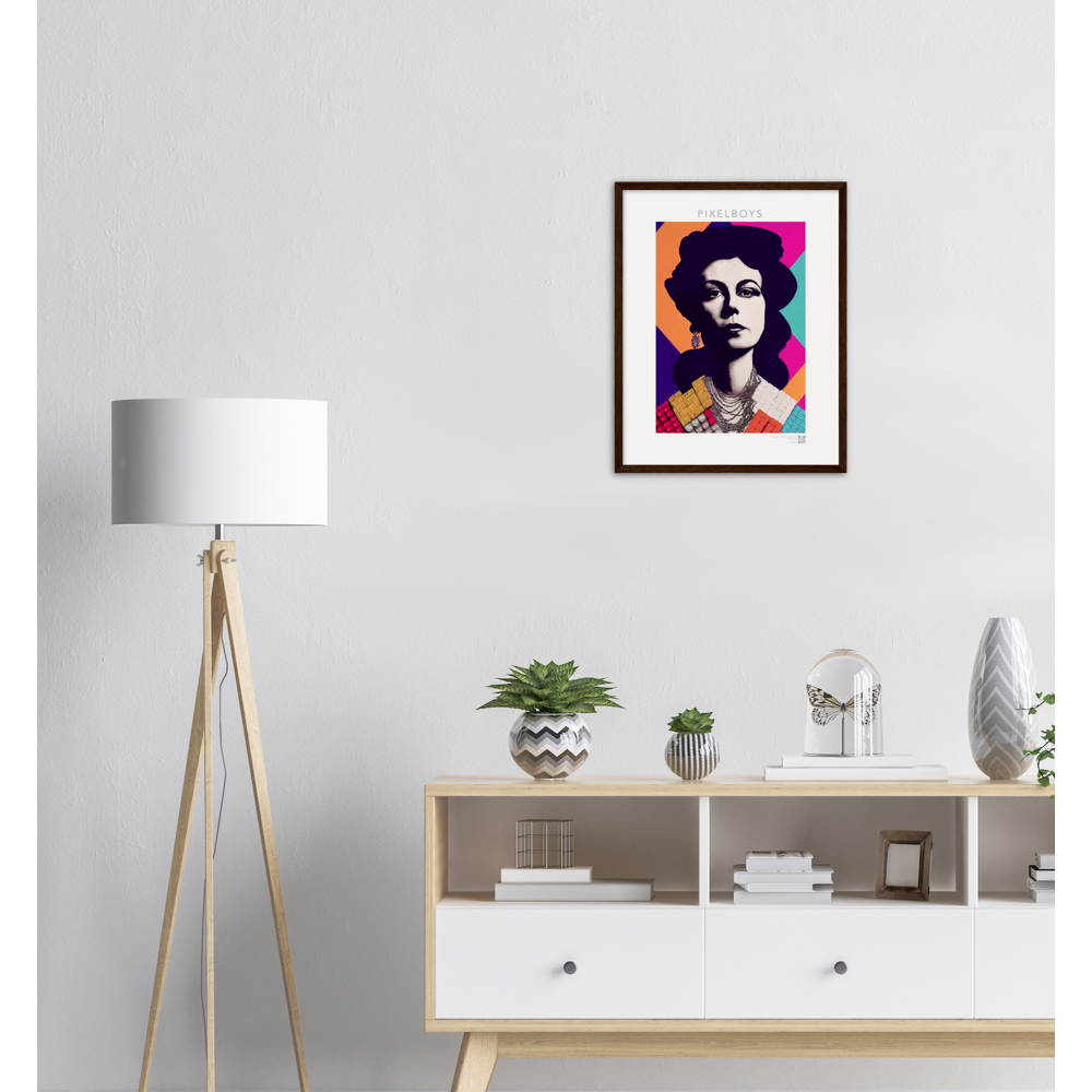 Poster mit Rahmen (Holz) - in Museumsqualität - The Queen No.3 - HRH in cubes - Kunstdruck - 250g/qm - Queen Elisabeth II - Monarch - HRH - His/Her Royal Highness - Groß Britannien - Commonwealth - The Royal Family - Wandbild - Kubismus - synthetischen Kubismus - Georges Braque - Künstler: "John Grayst" - Atelier - UK - GB - London - RIP 