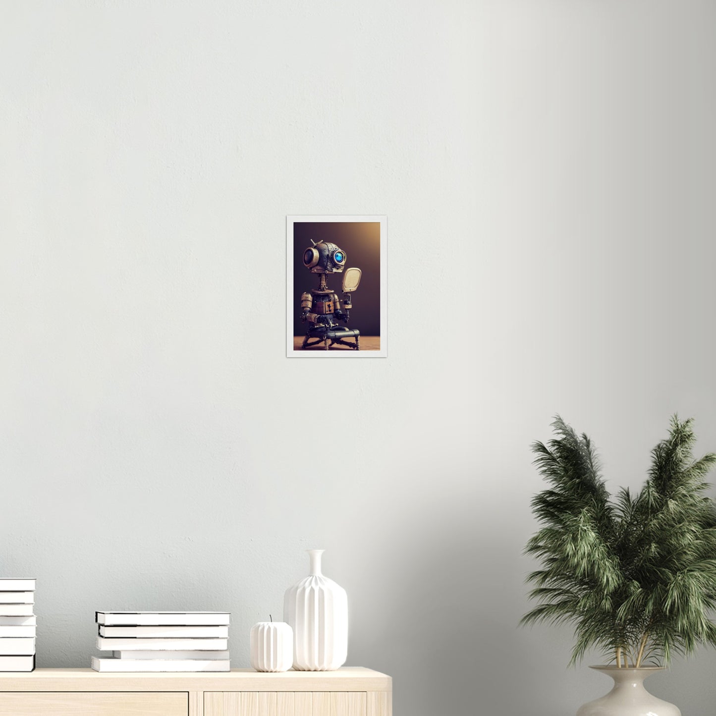 Poster mit Rahmen (Holz) in Museumsqualität - Tiny robot with a mirror - Hitoshi 人 - Wall Art - Spiegel - Acryldruck - Wandkunst - Customizable Coffee Cup - Personalized Gifts - Kunstdruck - Kleine Roboter - Acryldruck - Little Robots - Personalized Gifts - Tiny  - Steampunk - zukunft - Poster with frame - Kunstwerk - Office Poster - Poster mit Rahmen - Kaffee Tasse - Poster - Bedruckte Tassen - Kunst Marke - Art Brand - Kunstdrucke - Künstler: John Grayst & Pixelboys - emotional robots - Geschenkidee - 