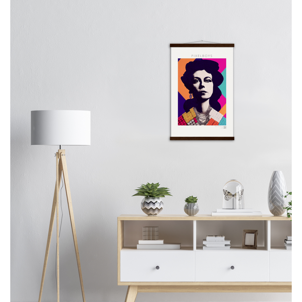  Poster mit Leisten (Holz) - in Museumsqualität - The Queen No.3 - HRH in cubes - Kunstdruck - 250g/qm - Queen Elisabeth II - Monarch - HRH - His/Her Royal Highness - Groß Britannien - Commonwealth - The Royal Family - Wandbild - Kubismus - synthetischen Kubismus - Georges Braque - Künstler: "John Grayst" - Atelier - UK - GB - London - 