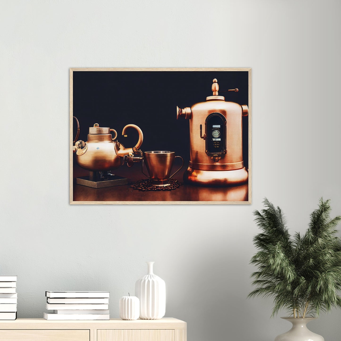 Poster mit Rahmen (Holz) - in Museumsqualität - Steampunk - Coffee Maker - No.4 - Collection Cup - Pixelboys - Wandbild - Kunstwerk - Hotelkunst - Kunst auf Postern - Fine Art - Steampunk - Future - Maschine - Poster with frame - Office Poster - Art Brand - Pixelboys - Coffee House - Restaurant Poster - Wall Art - Kunstdruck - Geschenkidee - Kunst auf Acrylglas - Future Coffee Cup - Personalisierbare Tasse - Gastro Tasse - exklusiv - Gastronomie Poster - Hotelposter - Steam Punk Kitchen - Acryldruck