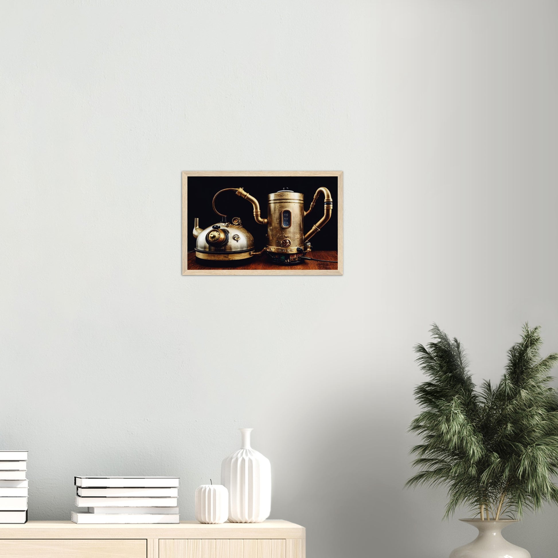 Poster mit Rahmen (Holz) in Museumsqualität - Steampunk - Coffee Maker - No.3 - Collection Cup - Pixelboys - Wandbild - Kunstwerk - Hotelkunst - Kunst auf Postern - Fine Art - Steampunk - Future - Maschine - Poster with frame - Office Poster - Art Brand - Pixelboys - Coffee House - Restaurant Poster - Wall Art - Kunstdruck - Geschenkidee - Kunst auf Acrylglas - Future Coffee Cup - Personalisierbare Tasse - Gastro Tasse - exklusiv - Gastronomie Poster - Hotelposter - Steam Punk Kitchen - 