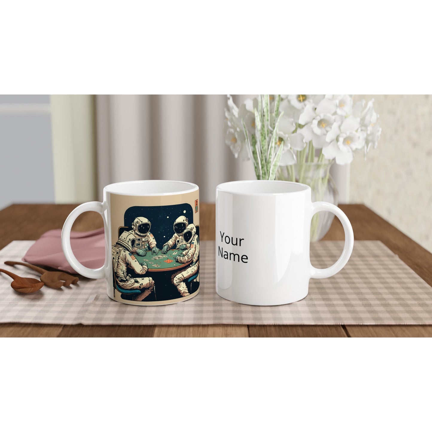 Personalisierte Tasse (bedruckt) in Museumsqualität - Gambling Astronauts - Illustration - Astronaut - Poker - Rocketman - Posterleisten - USA - Fineart - Posterrahmen  - Wandkunst - Holzrahmen - Poster with frame - artwork - art brand - printed cup personalized - Holzleisten - pixelboys - Kunstdrucke - wandbilder - wall art - Kunst auf Tassen  - Office Poster - Gastrotassen - Wanddekoration - Acrylkunst - Geschenkidee - Office Poster - Acryldruck - Abstrakte Kunst -