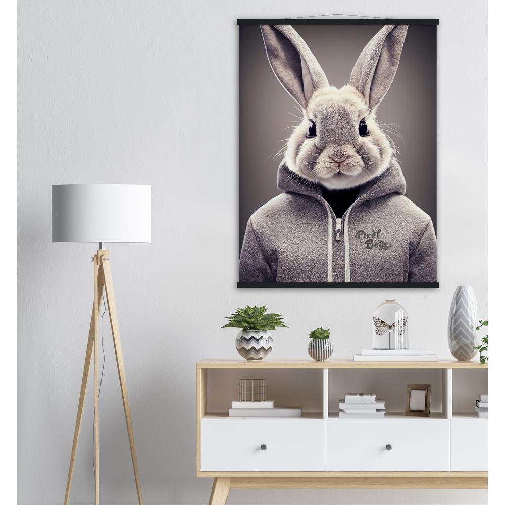 Poster mit Leisten (Holz) - Bunny in grey Hoodie - "Constantin" - Fashion Gang - Wandbild - Ostern - Geschenkidee - Osterhase - Bunny Crew: "Constantin" - "Caesar" - "Titus" - "Cleo" - Weisser Hase - Easter Bunny - Cute - grey Hoodie - sweats - Alice's Adventures in Wonderland - Modemarke - Pixelboys Brand - Constantin der Hase - Hase - Kaninchen  - Künstler: "Pixelboys" - Atelier - Germany - Berlin - Hamburg - Colgne - France - Paris - Italy - Rom - USA - America - New York City - Los Angeles - Chicago - 