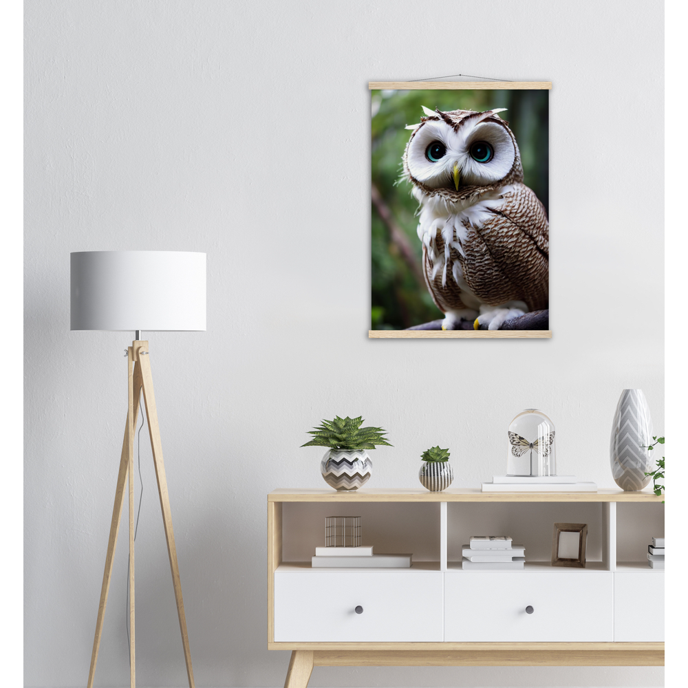 Poster mit Leisten (Holz) - Fruit Owl No.6 - "Cornelius", the coconut owl - Wandkunst - Museumsqualität - Kunstdruck - Kokusnuseule - Kokosnuss-Uhu (lat. bubo vaccinium)  - Acryldruck - Fruchteulen - coconut owl - Vogel - Uhu - Bird - Strigiformes - Noctua - Ornithologie - Kunstwerk  - Office Poster - Poster mit Rahmen - Kaffee Tasse - Poster mit Leisten - Bedruckte Tassen - Kunst Marke - Art Brand - Wandbild - Kunstdrucke - Papier: 250g/qm - Künstler: John Grayst & Pixelboys - Eulen - Owl - Geschenkidee - 