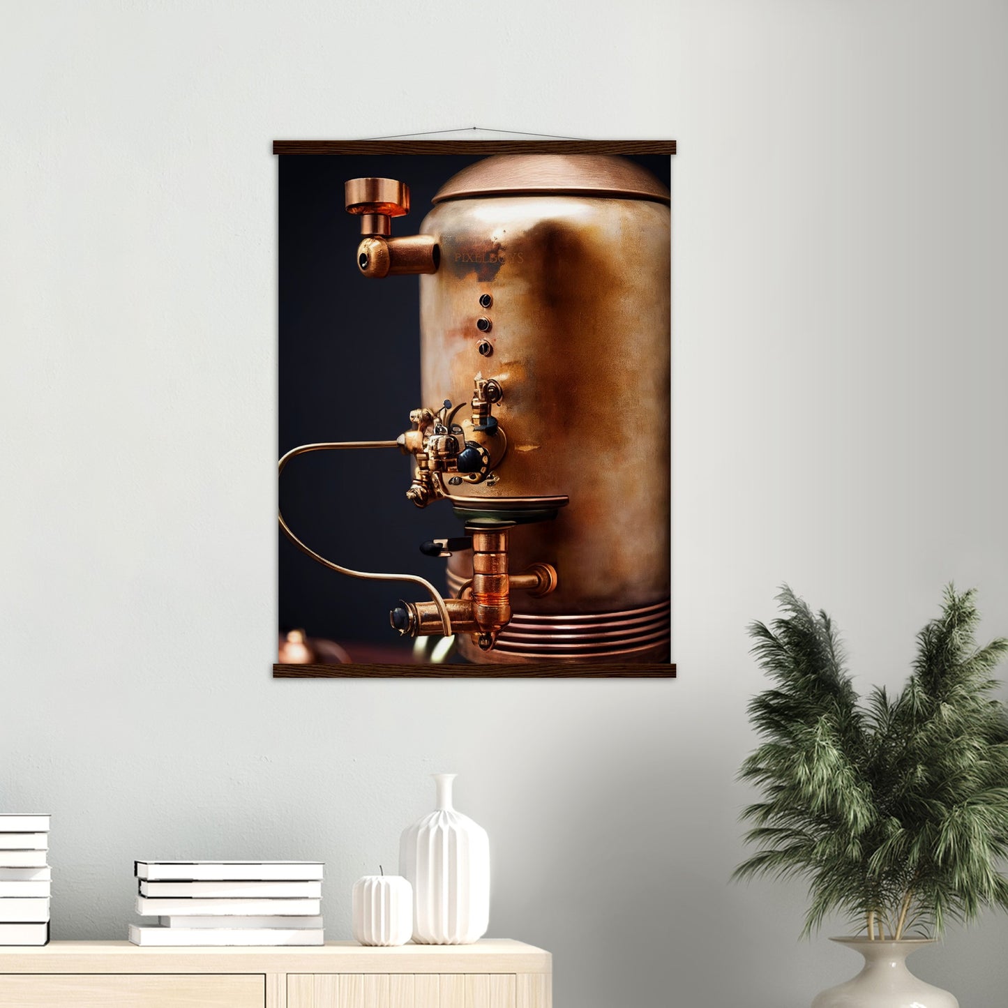 Poster mit Leisten (Holz) - Steampunk - Coffee Maker - No.5 - Collection Cup - Pixelboys - Wandbild - Kunstwerk - Hotelkunst - Kunst auf Postern - Fine Art - Steampunk - Future - Maschine - Poster with frame - Office Poster - Art Brand - Pixelboys - Coffee House - Restaurant Poster - Wall Art - Kunstdruck - Geschenkidee - Kunst auf Acrylglas - Future Coffee Cup - Personalisierbare Tasse - Gastro Tasse - exklusiv - Acryldruck - Gastronomie Poster - Hotelposter - Steam Punk Kitchen -   