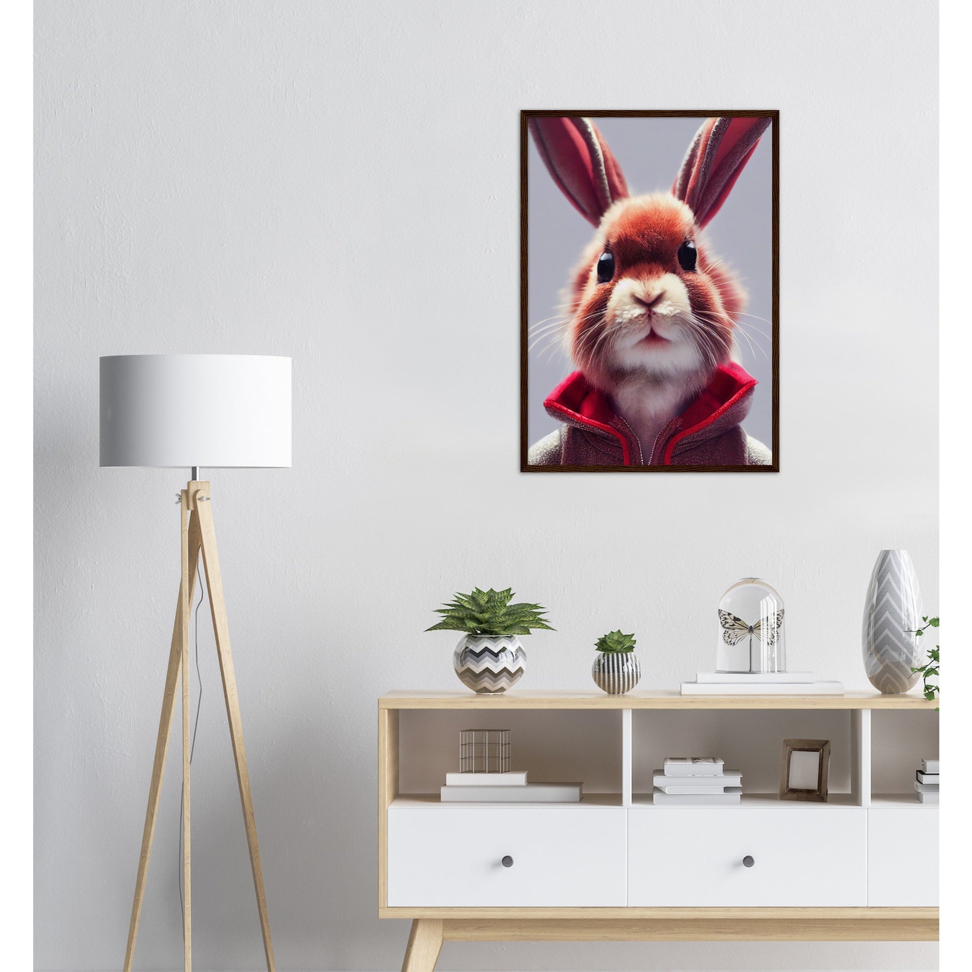 Poster mit Rahmen (Holz)- Museumsqualität - Bunny in grey red tracksuit - "Julius" - personalized mug - customized mug - Cute rabbit - Marke:- Pixelboys - Brand - Art Prints - Marke - Wandkunst - Papierstärke: 250g/qm - Wall Art - Bunny crey - Skater Betty - Hasen Gang - Original - Künstler:Pixelboys - Poster with frame - Office Poster - Trend - Wandschmuck - Atelier USA - 