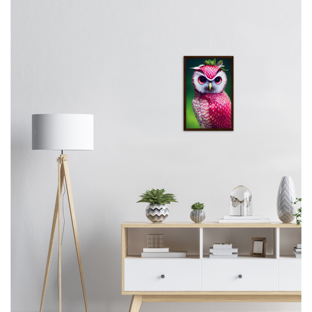 Poster in Rahmen (Holz) - Fruit Owl No. 2 - "Berry", the Strawberry Owl - Serie Fruit Owls - Wandkunst - Kunstdruck - (fiktiv: lat.  Pulsatrix Fragaria) - Erdbeere - Schleiereulen - Fruchteulen - Vogel - Bird - Strigiformes - Noctua - Ornithologie - Kunstwerk  - Office Poster - Poster mit Rahmen - Kaffee Tasse - Poster mit Leisten - Bedruckte Tassen - Kunst Marke - Art Brand - Acrylbild - Wandbild - Kunstdrucke - Papier: 250g/qm - Künstler: John Grayst & Pixelboys - Eulen - Owl - Geschenkidee - 