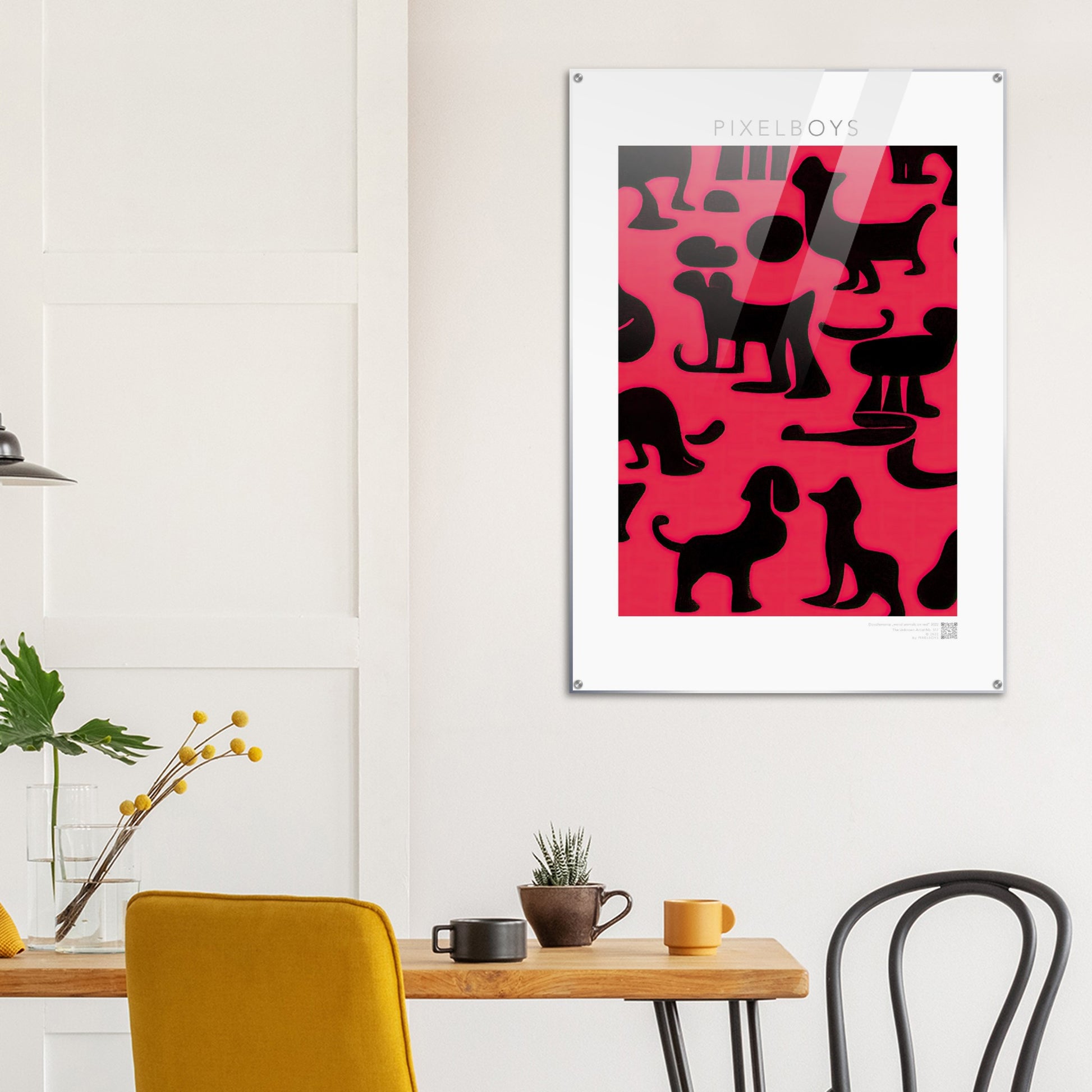  Acrylbild - in Museumsqualität - Doodlemania "weird animals on red"- No.2 - Hunde - Katzen - Doodle Kunst - dogs - Cats - gastro - Poster mit Rahmen - doodle artwork - Acrylbild - Kunstdruck - Wandbild - office Poster - Poster with frame -  Künstler: Pixelboys & The Unknown Artist Nb.517 - keith haring - anti stress art - Art Brand - Kunstdruck 