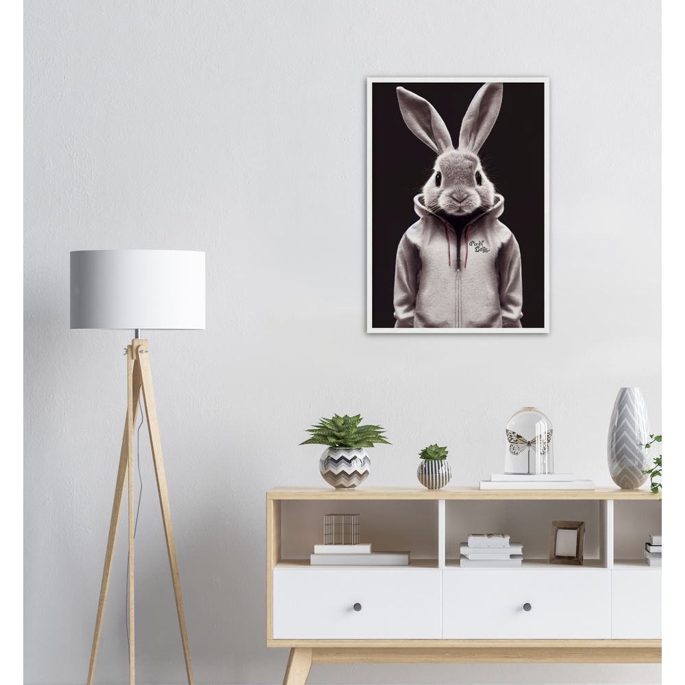 Poster mit Rahmen (Holz) - Bunny in grey tracksuit - Fashion Gang - Wandbild - Ostern - Geschenkidee - Osterhase - Bunny Crew: "Valerian" - "Caesar" - "Constantin" - "Cleo"-Titus - Weisser Hase - Easter Bunny - Cute - grey tracksuit - sweats - Alice's Adventures in Wonderland - Modemarke - Pixelboys Brand - Valerian der Hase - Kaninchen  - Künstler: "Pixelboys" - Atelier - Germany - Berlin - Hamburg - Colgne - France - Paris - Italy - Rom - USA - America - New York City - Los Angeles - Chicago - 