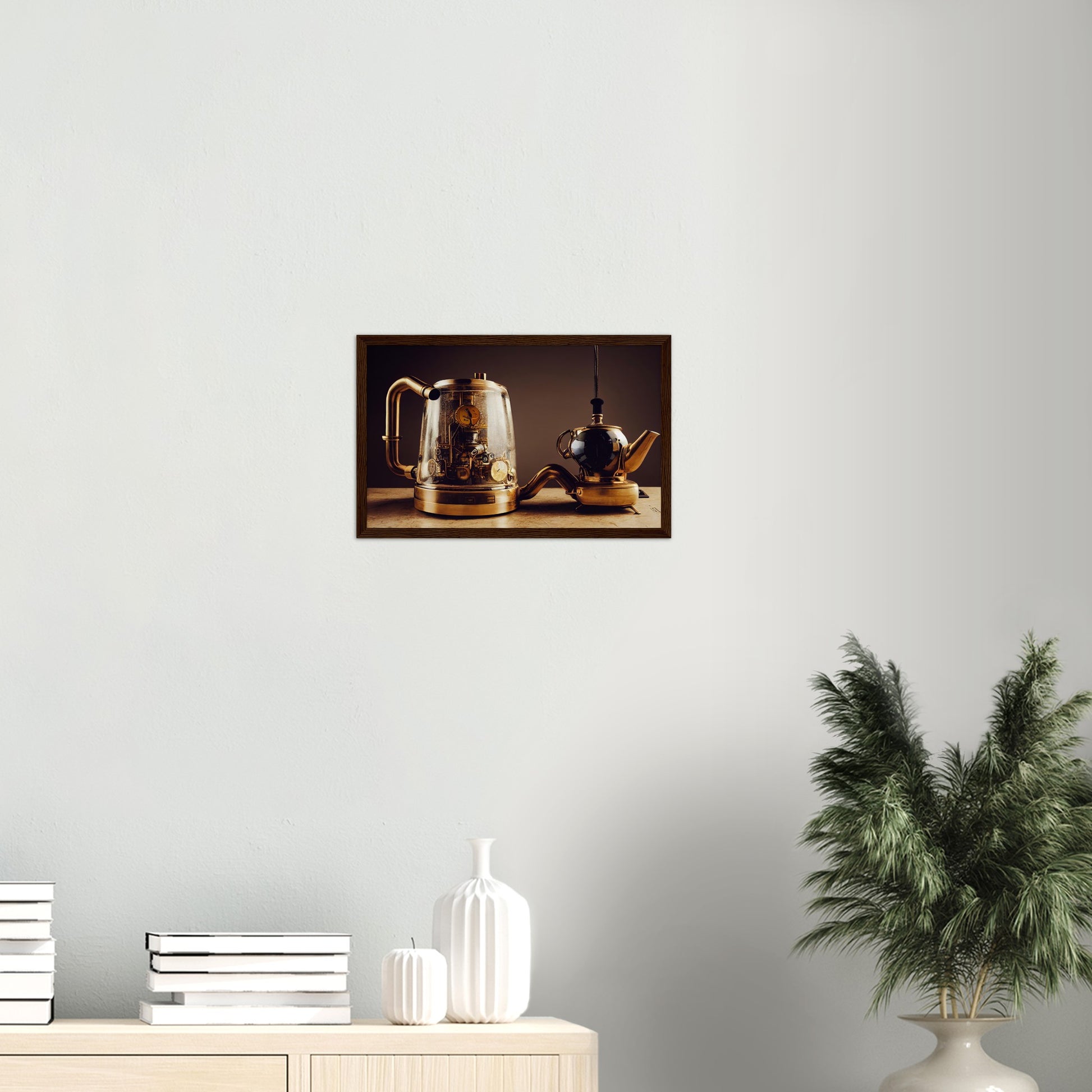 Poster mit Rahmen (Holz) - in Museumsqualität - Steampunk - Coffee Maker - No.2 - Pixelboys - Wandbild - Kunstwerk - Hotelkunst - Kunst auf Postern - Fine Art - Steampunk - Future - Maschine - Poster with frame - Office Poster - Art Brand - Pixelboys - Coffee House - Restaurant Poster - Schöner Wohnen - Dekoration - Wall Art - Kunstdruck - Geschenkidee - Kunst auf Acrylglas - Future Coffee Cup - Personalisierbare Tasse - Gastro Poster -  Gewerbliche Poster - exklusiv - Gastronomie Poster - Hotelposter -