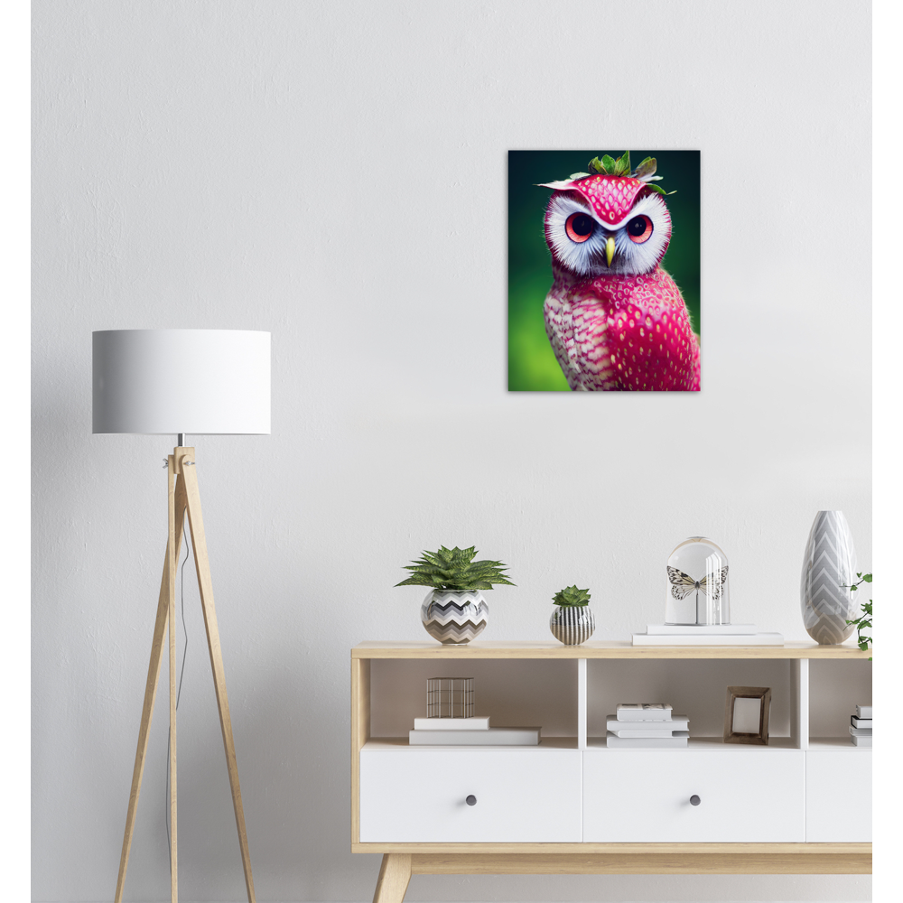 Poster in Museumsqualität - Fruit Owl No. 2 - "Berry", the Strawberry Owl - Serie Fruit Owls - Wandkunst - Kunstdruck - (fiktiv: lat.  Pulsatrix Fragaria) - Erdbeere - Schleiereulen - Fruchteulen - Vogel - Bird - Strigiformes - Noctua - Ornithologie - Kunstwerk  - Office Poster - Poster mit Rahmen - Kaffee Tasse - Poster mit Leisten - Bedruckte Tassen - Kunst Marke - Art Brand - Acrylbild - Wandbild - Kunstdrucke - Papier: 250g/qm - Künstler: John Grayst & Pixelboys - Eulen - Owl - Geschenkidee - 