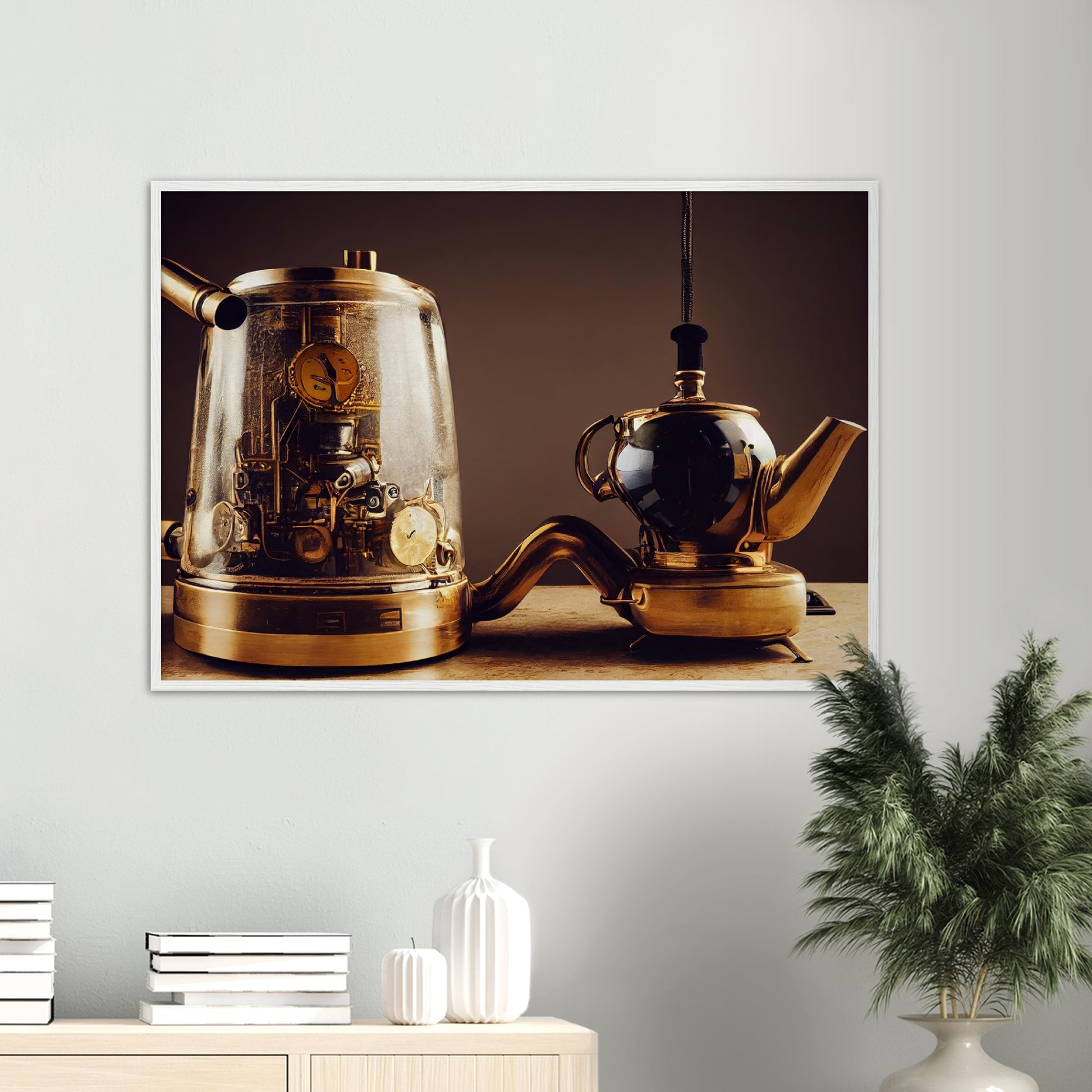 Poster mit Rahmen (Holz) - in Museumsqualität - Steampunk - Coffee Maker - No.2 - Pixelboys - Wandbild - Kunstwerk - Hotelkunst - Kunst auf Postern - Fine Art - Steampunk - Future - Maschine - Poster with frame - Office Poster - Art Brand - Pixelboys - Coffee House - Restaurant Poster - Schöner Wohnen - Dekoration - Wall Art - Kunstdruck - Geschenkidee - Kunst auf Acrylglas - Future Coffee Cup - Personalisierbare Tasse - Gastro Poster -  Gewerbliche Poster - exklusiv - Gastronomie Poster - Hotelposter -