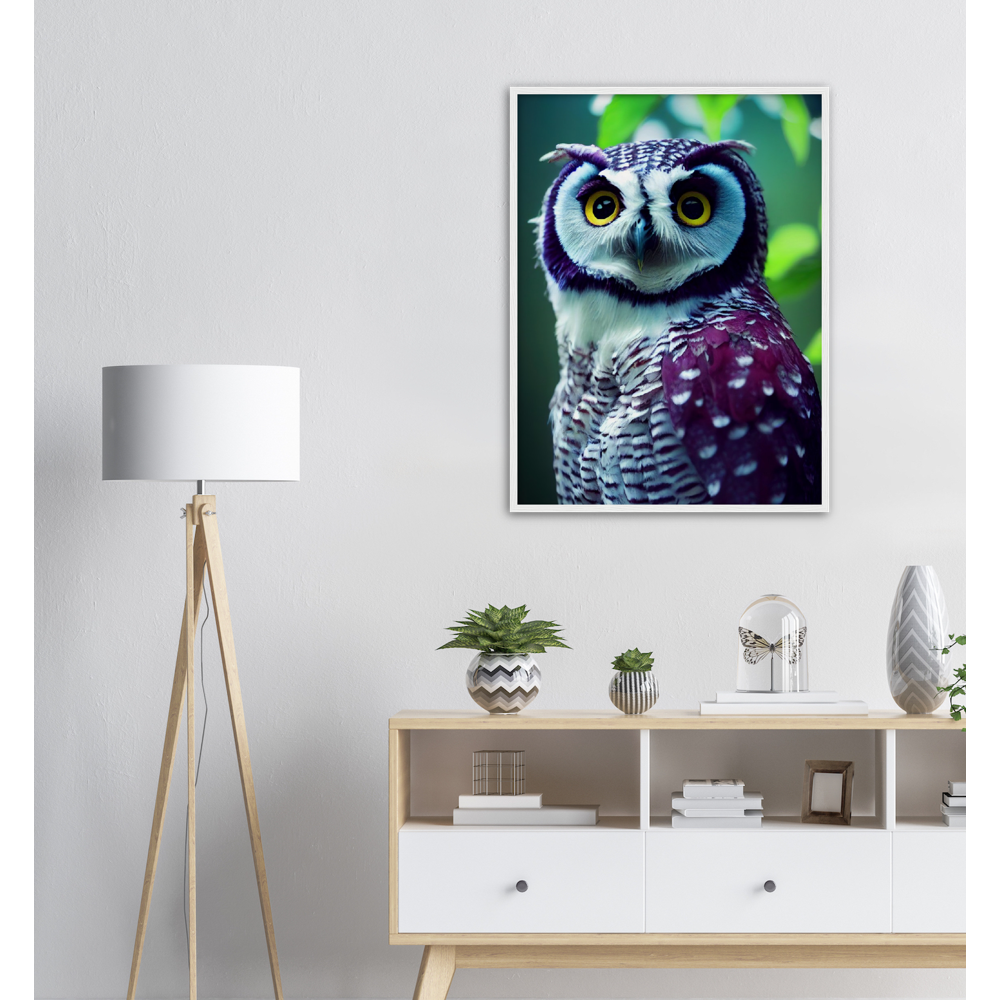 Poster mit Rahmen (Holz) - Fruit Owl No.5 - "Sini", the bluberry owl - Wandkunst - Kunstdruck - Heidelbeereule - (lat. bubo vaccinium) - Teebecher - Heidelbeere Eule - Fruchteulen - blueberry owl- Vogel - Uhu - Bird - Strigiformes - Noctua - Ornithologie - Kunstwerk  - Office Poster - Poster mit Rahmen - Kaffee Tasse - Poster mit Leisten - Bedruckte Tassen - Kunst Marke - Art Brand - Acryldruck - Wandbild - Kunstdrucke - Papier: 250g/qm - Künstler: John Grayst & Pixelboys - Eulen - Owl - Geschenkidee - 