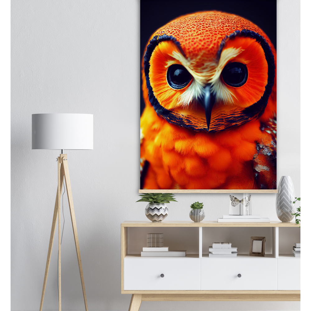 Poster mit Leisten (Holz) - Fruit Owl No. 1 - "Orangina", the orange owl - Serie Fruit Owls - Schleiereulen - lat. Tytonidae - Fruchteulen - Vogel - Bird - Strigiformes - Noctua - Ornithologie - Kunstwerk - Acryldruck - Poster mit Rahmen - Poster mit Leisten - Bedruckte Tassen - Kunst Marke - Art Brand - Pixelboys - Kunstdruck - Acrylbild - Wandbild - Kunstdrucke - Papier: 250g/qm - Künstler: John Grayst & Pixelboys - Eulen - Owl-  - Atelier - England - London - Birmingham - Manchester - Leeds - Liverpool  