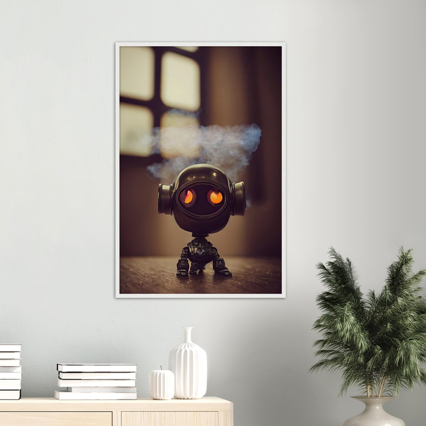 Poster mit Rahmen (Holz) - in Museumsqualität - Tiny robot - with smoke around his head - "Tiny Tim" - Wandbild - Customizable Coffee Cup - Personalized Gifts - Kunstdruck - Rauchender Roboter - Steampunk - Acryldruck - Smoking Robots - Personalized Gifts - Poster with frame - nr.5 lebt - zukunft - Kunstwerk - Office Poster - Poster mit Rahmen - Kaffee Tasse  - Bedruckte Tassen - Kunst Marke - Art Brand - Wandbild - Kunstdrucke - Künstler: John Grayst & Pixelboys - emotional robots - Geschenkidee -